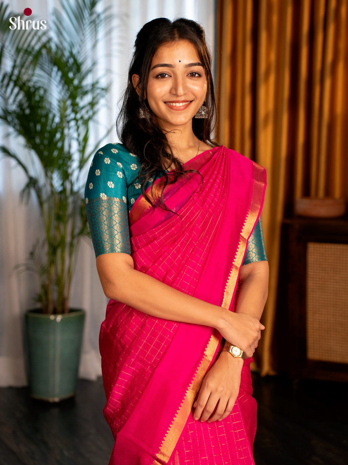 Pink(single Tone) - Mangalagiri silkcotton Saree with Gold Zari Border - Shop on Shrus.com