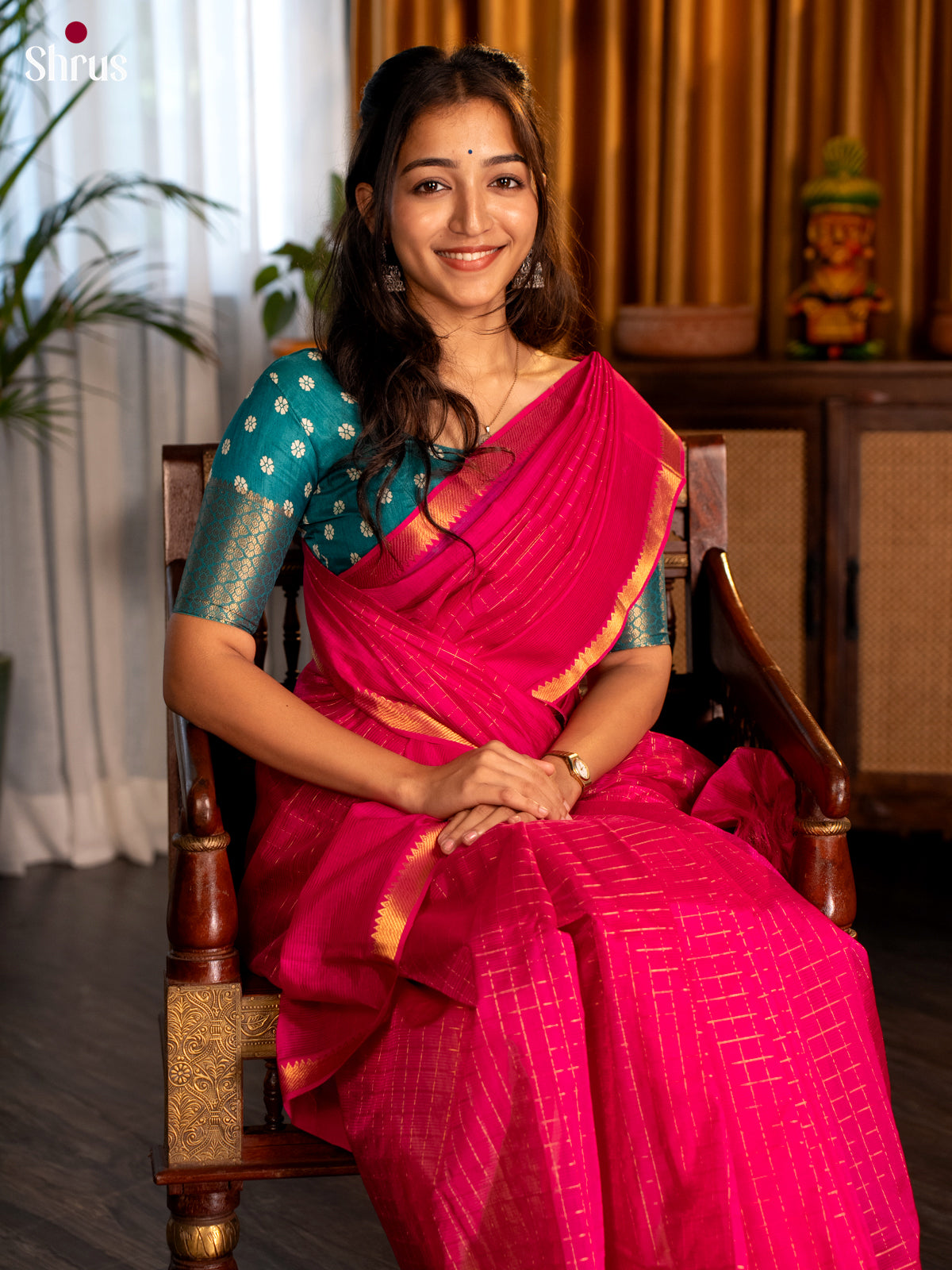 Pink(single Tone) - Mangalagiri silkcotton Saree with Gold Zari Border - Shop on Shrus.com