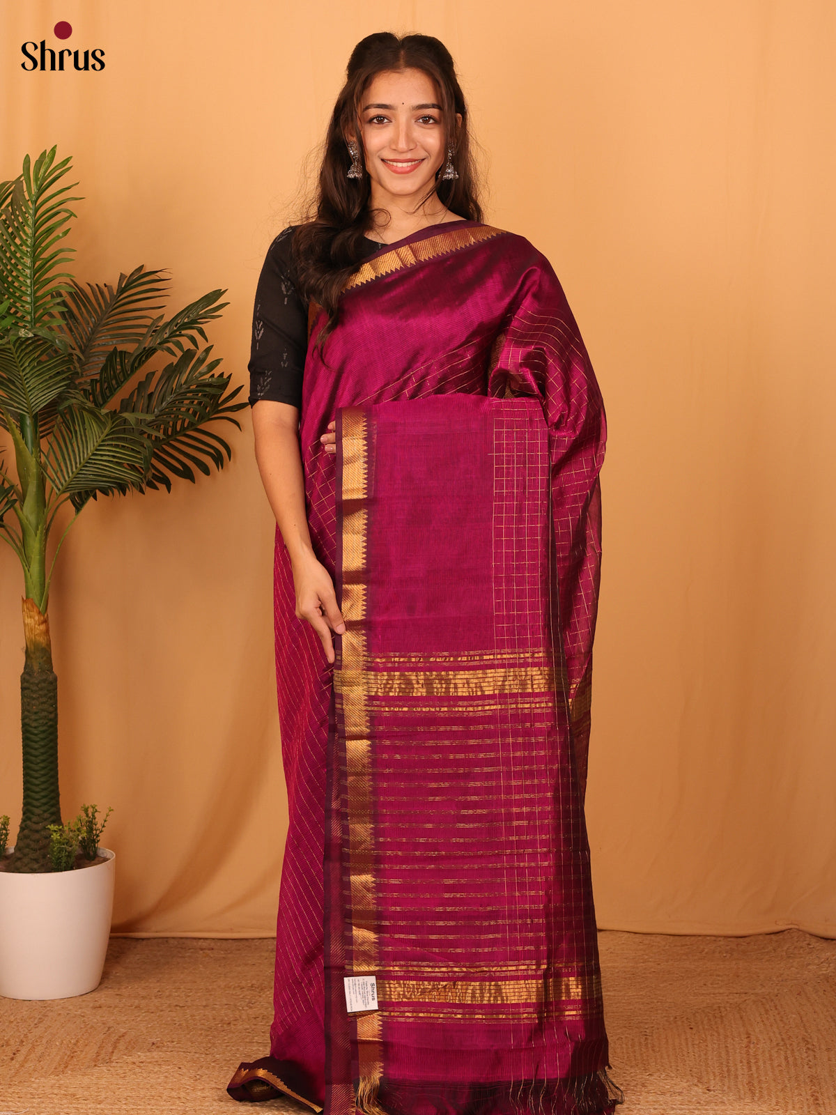 Wine(Single Tone)- Mangalagiri silkcotton Saree - Shop on Shrus.com