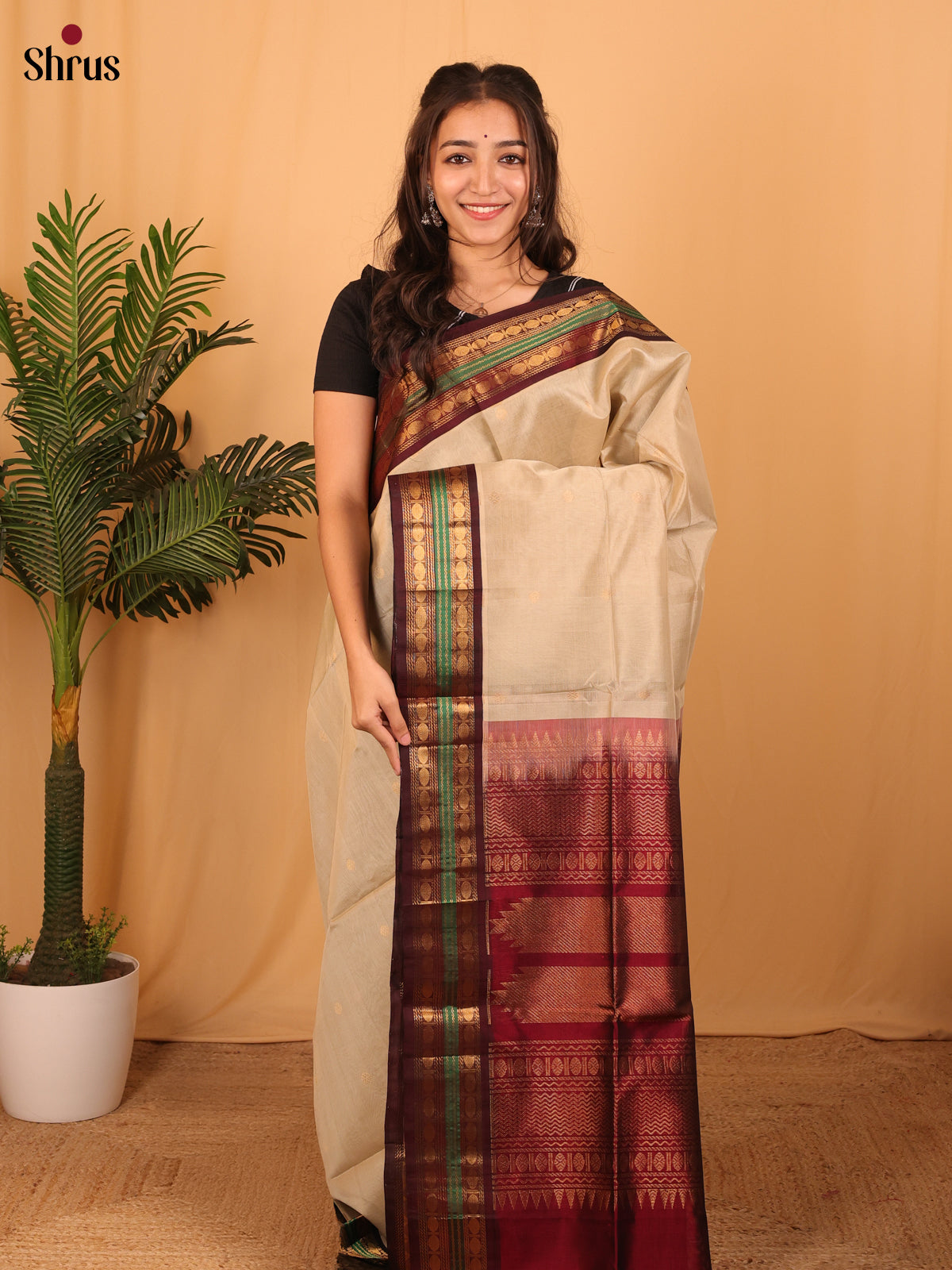 Lite Brown & Maroon - Silk Cotton Saree - Shop on Shrus.com
