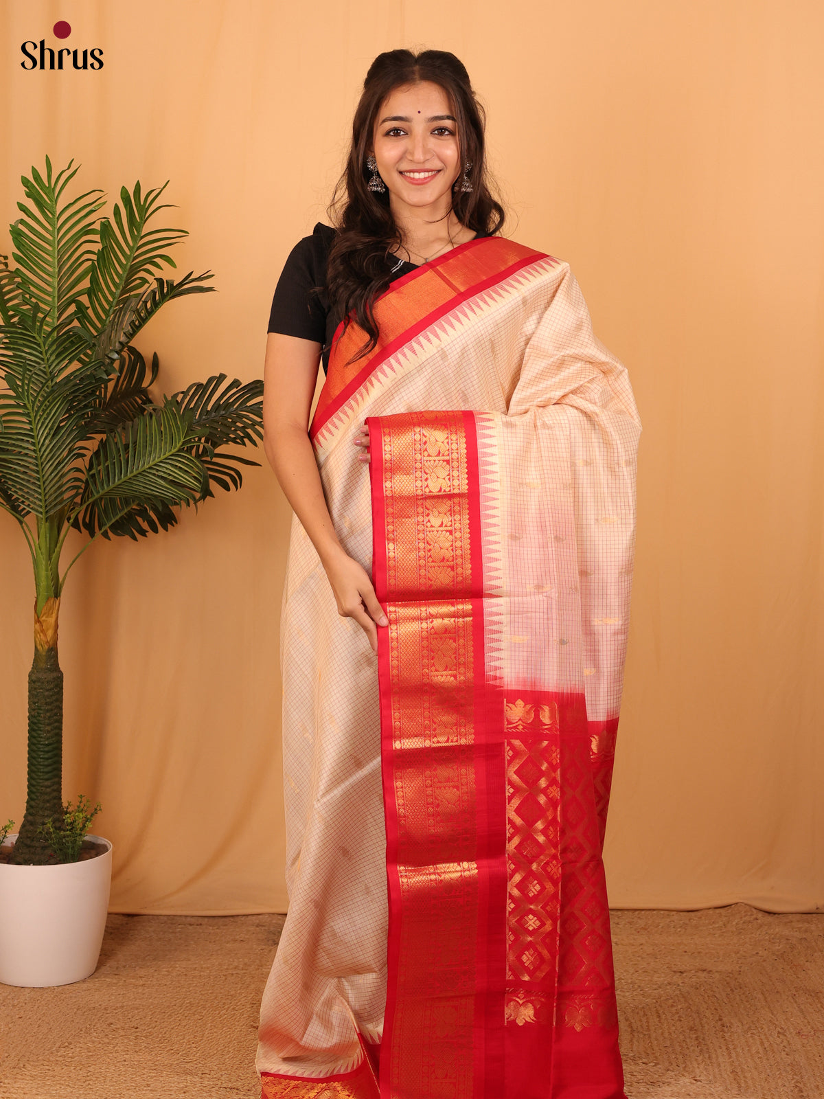 Cream & Red- Silk Cotton Saree - Shop on Shrus.com