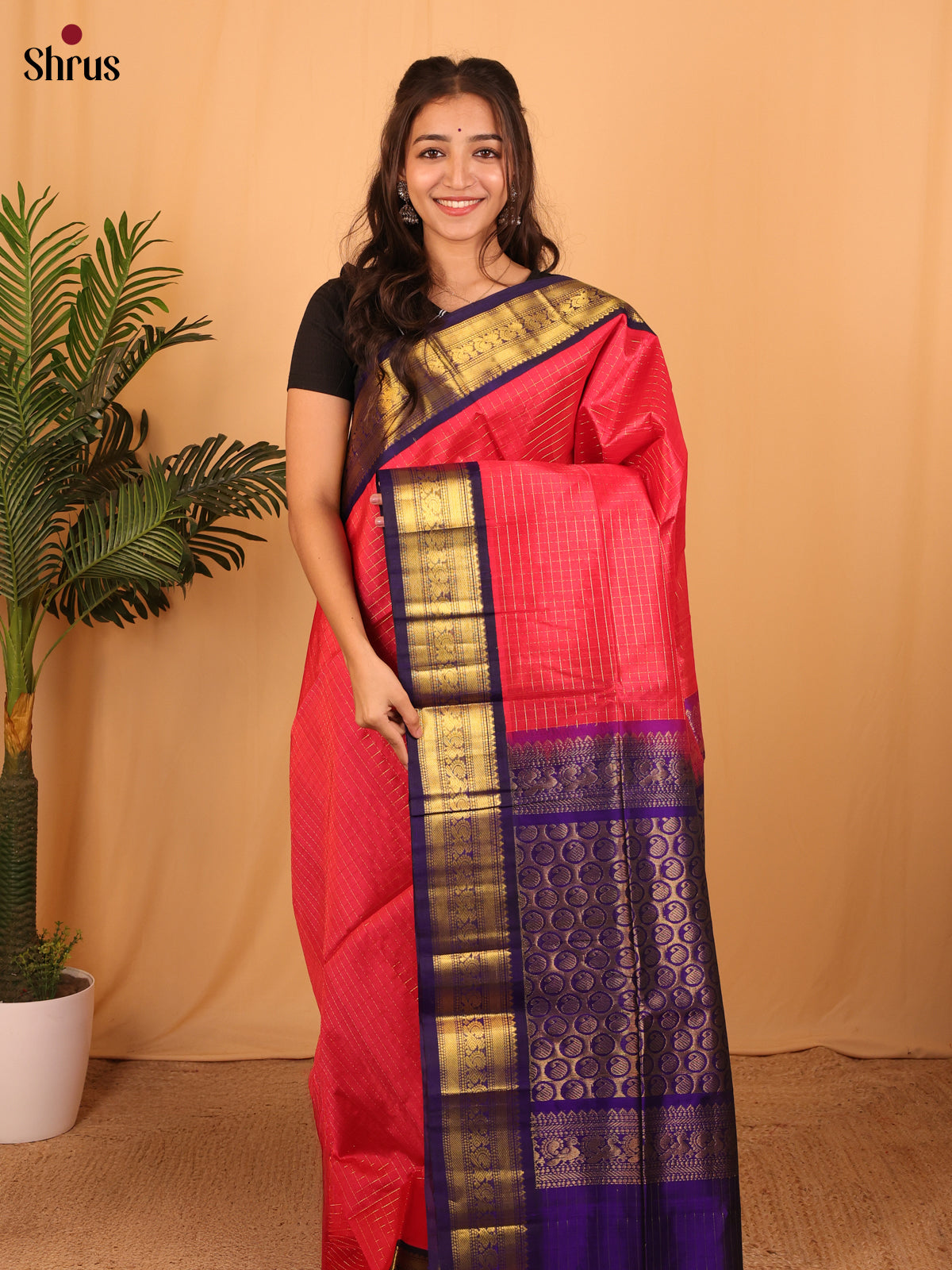 Red & Violet - Silk Cotton Saree - Shop on Shrus.com