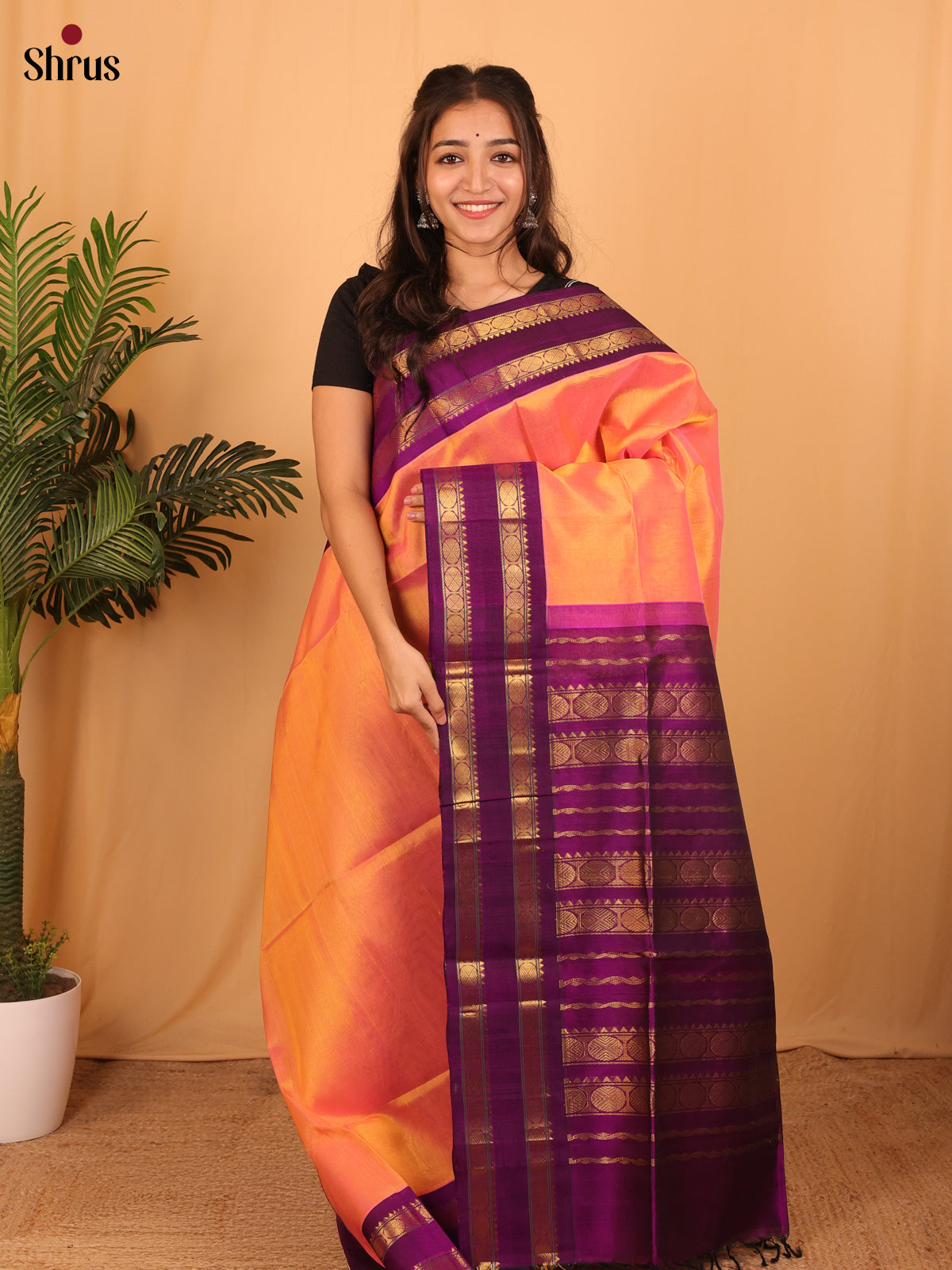 Orange & Purple- Silk Cotton Saree - Shop on Shrus.com