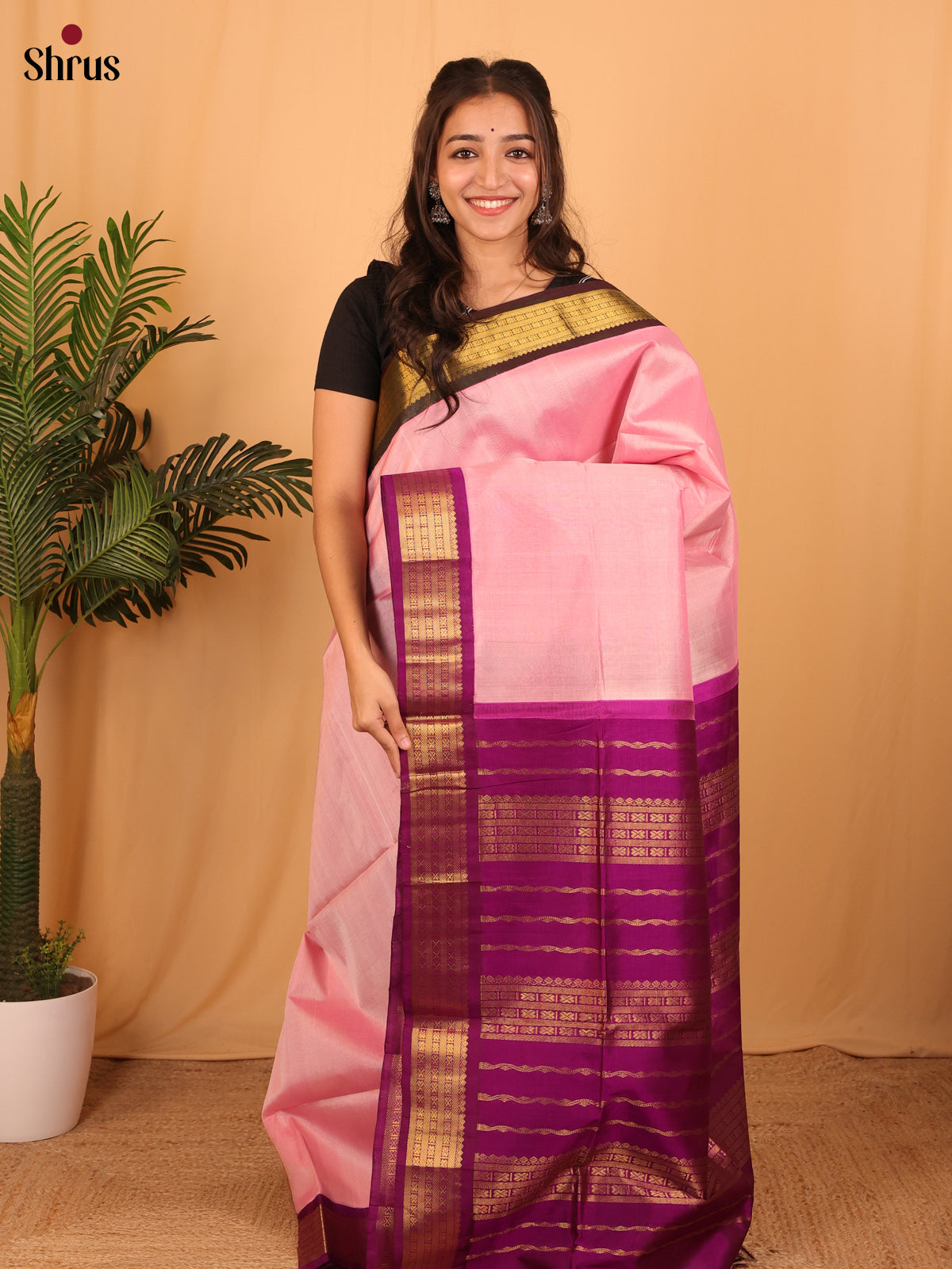 Pink & Purple - Silk Cotton Saree - Shop on Shrus.com