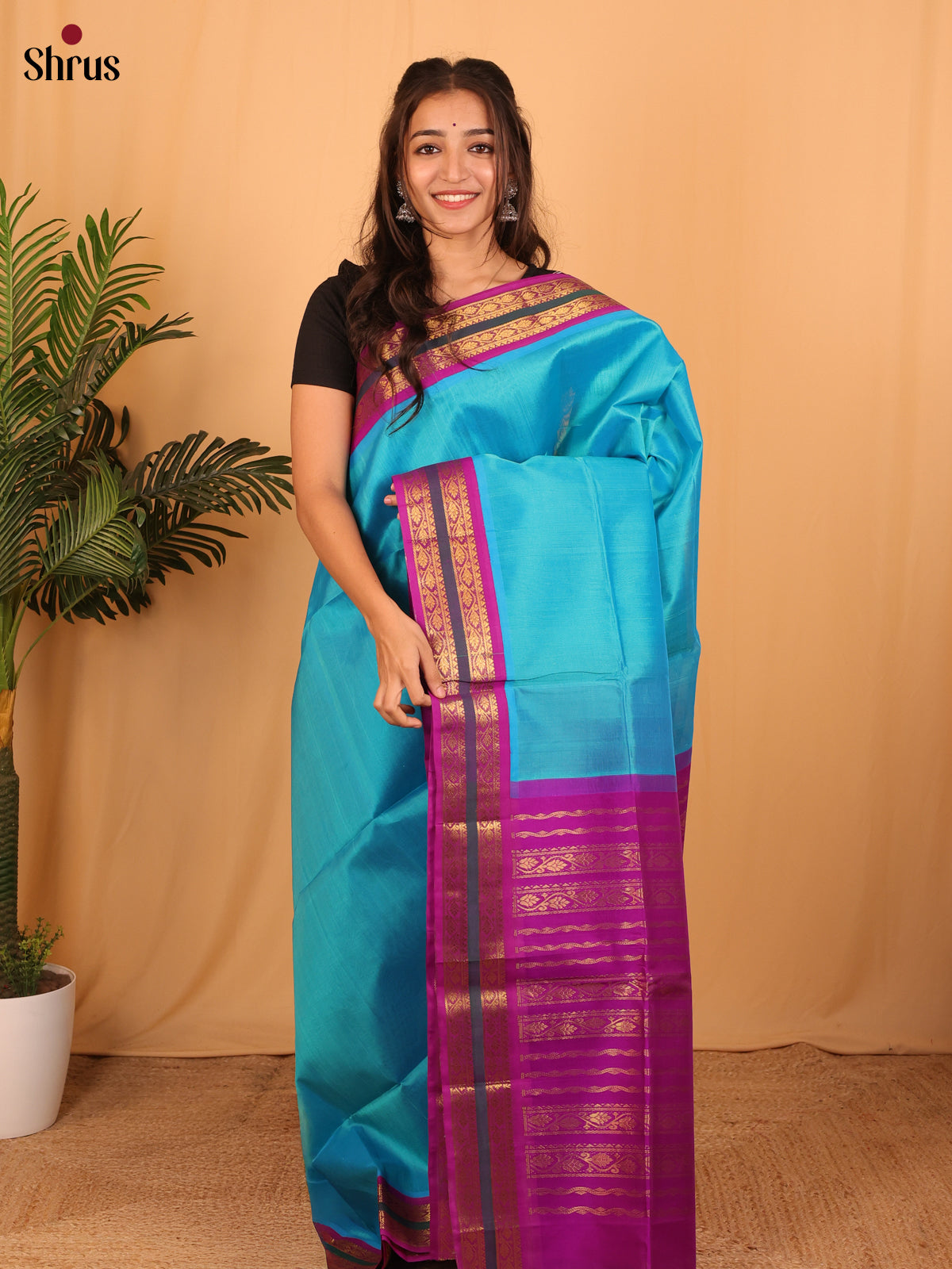 Blue & Purple- Silk Cotton Saree - Shop on Shrus.com