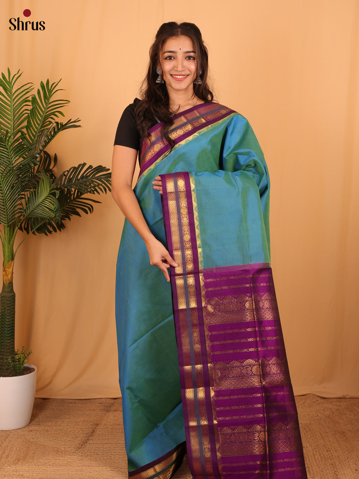 Teal & Purple - Silk Cotton Saree - Shop on Shrus.com