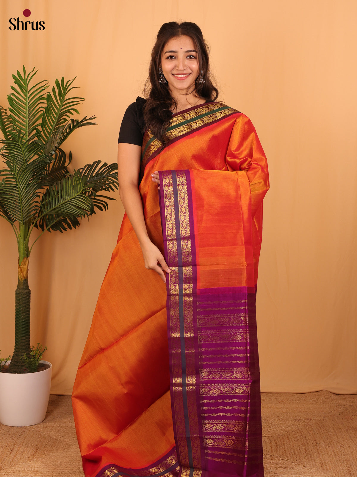Orange & Purple - Silk Cotton Saree - Shop on Shrus.com