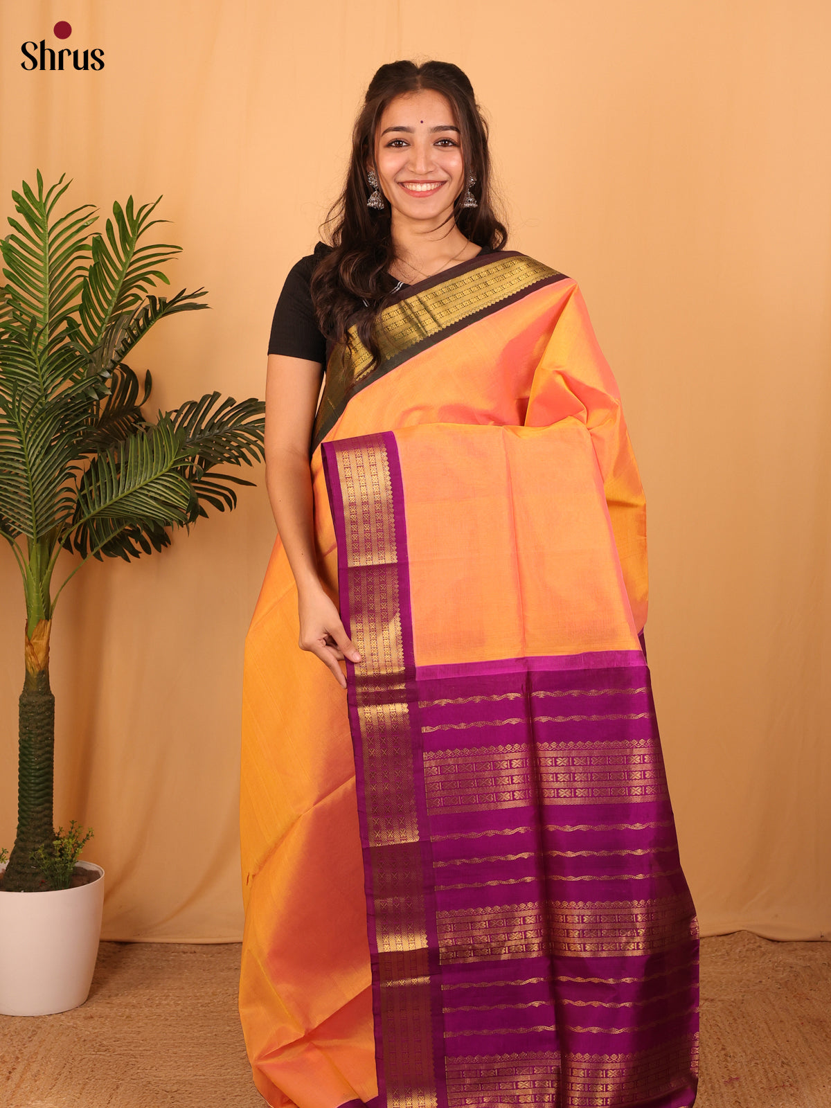Orange & Purple- Silk Cotton Saree - Shop on Shrus.com