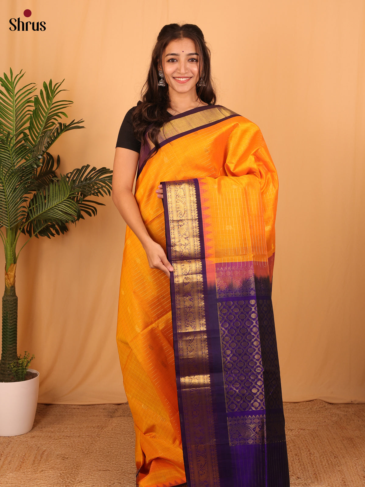 Mambazha Yellow & Violet - Silk Cotton Saree - Shop on Shrus.com