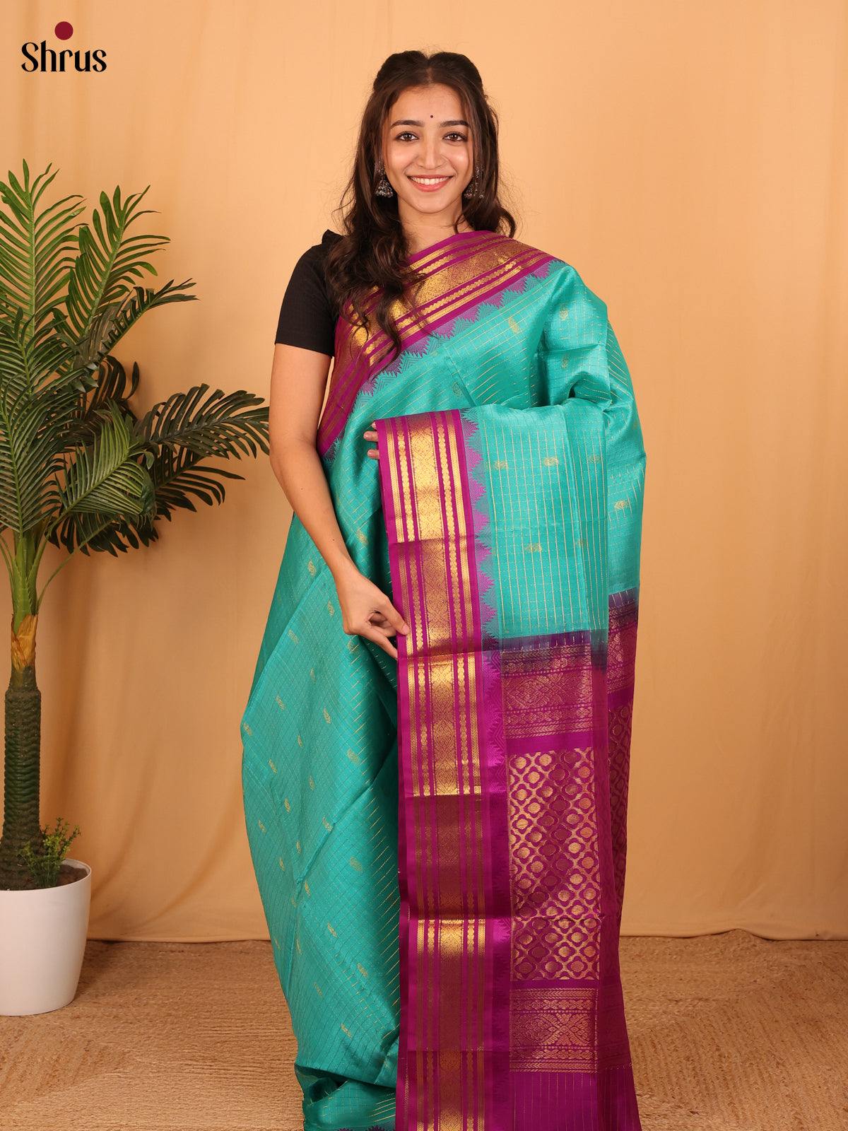 Teal Silk Cotton Saree With Golden Zari Stripes And Buttas And Contrast Purple Zari Border - Shop on Shrus.com