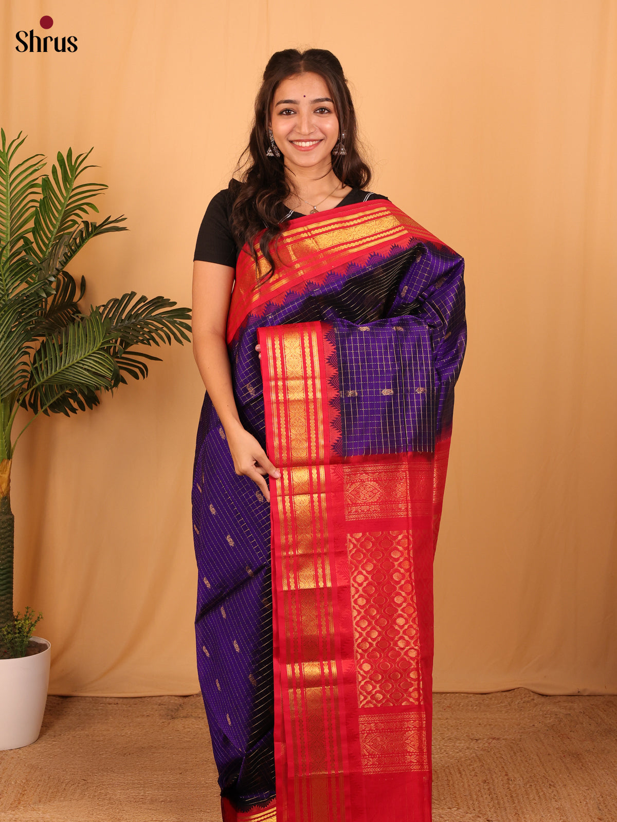 Saree 2 Violet & Red- Silk Cotton Saree - Shop on Shrus.com