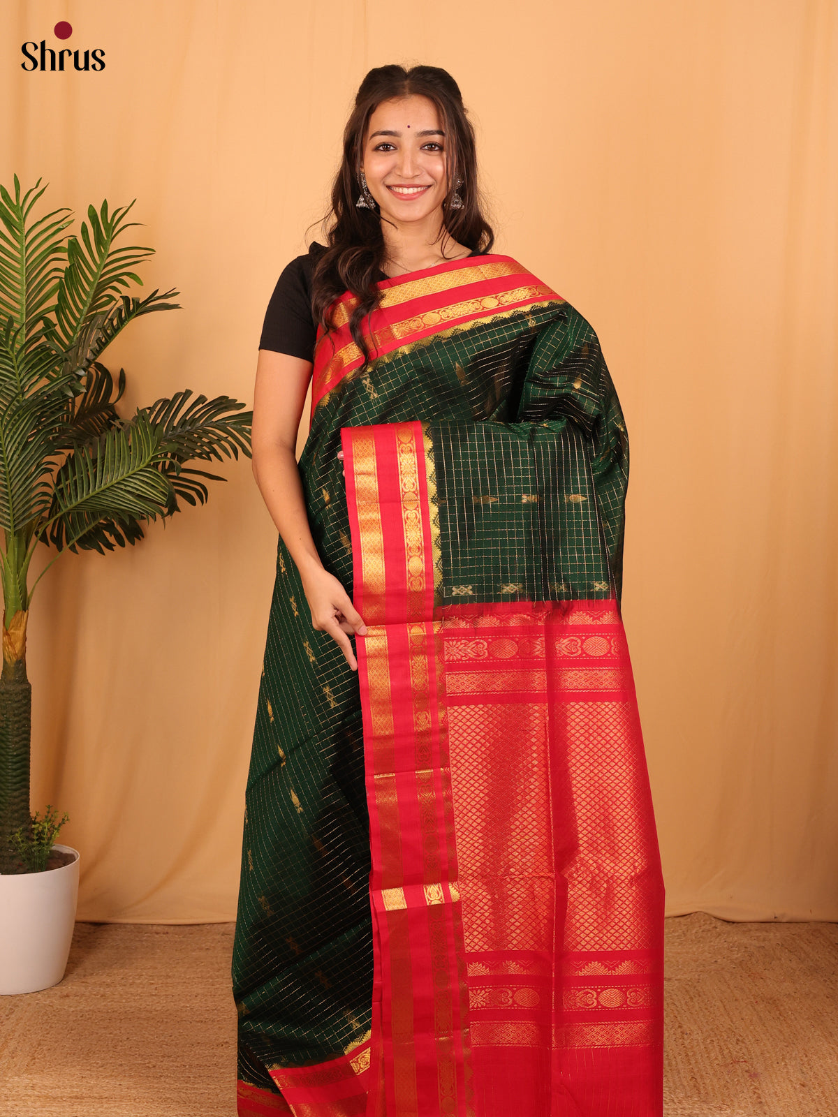 Green & Red - Silk Cotton Saree - Shop on Shrus.com
