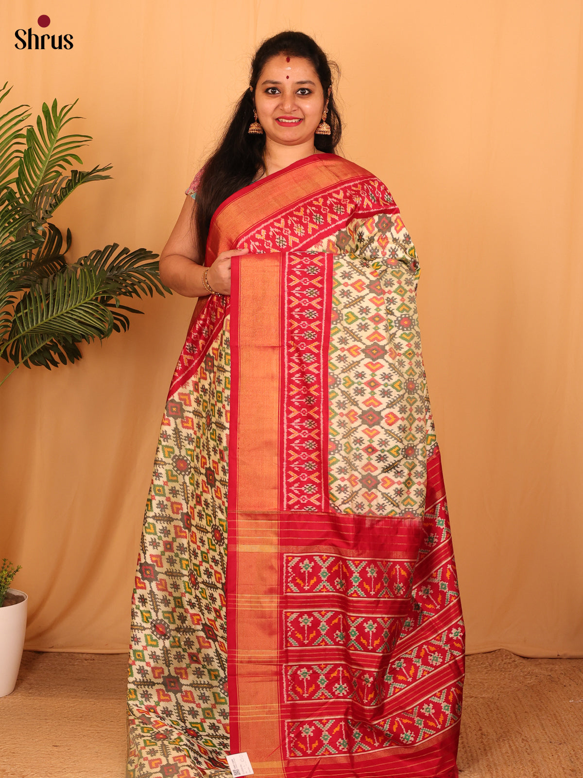 Cream & Red - Ikkat Silk - Shop on Shrus.com