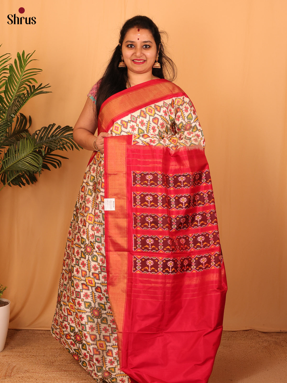 Cream & Red - Ikkat Silk Saree floral design