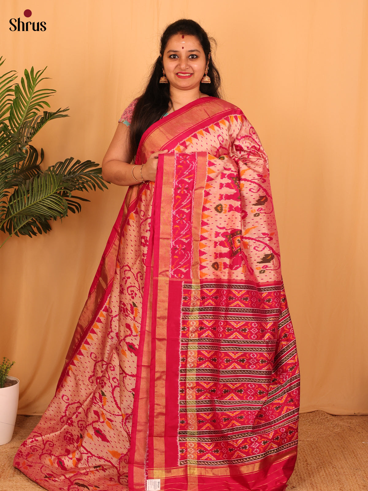 Peach & Pink - Ikkat Silk Saree - Shop on Shrus.com