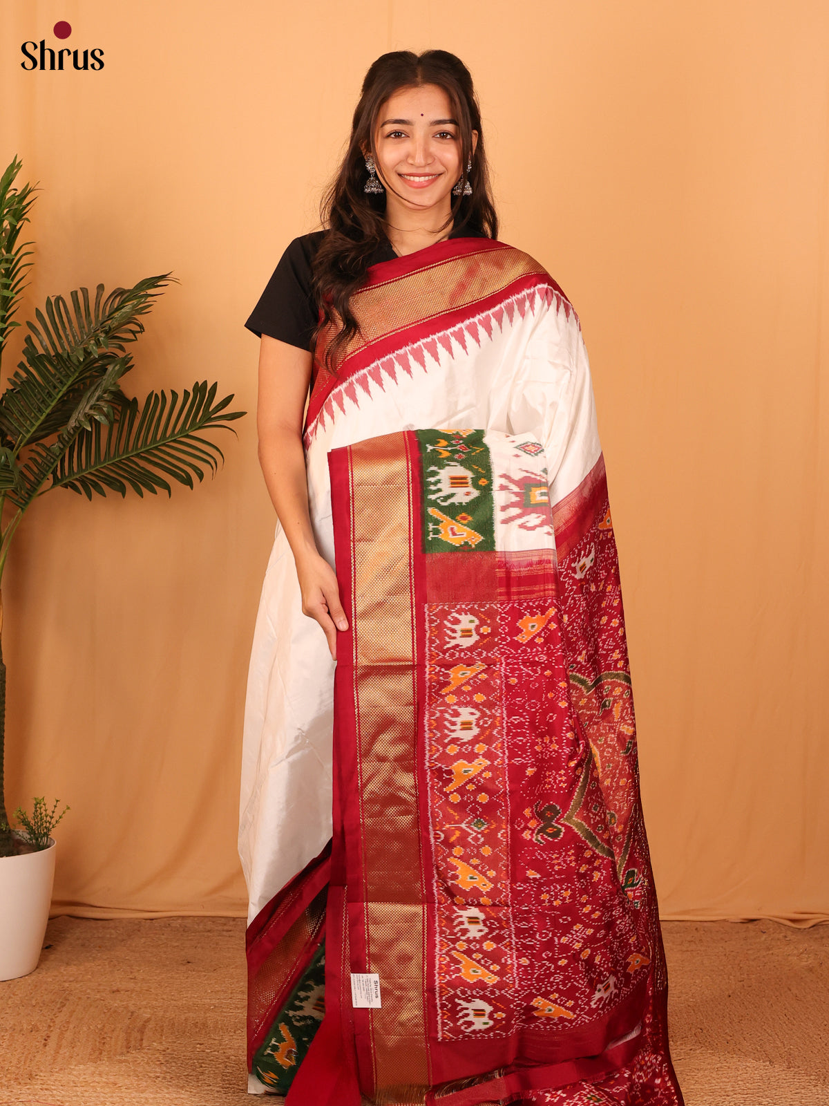 Cream & Maroon - Ikkat Silk Saree - Shop on Shrus.com