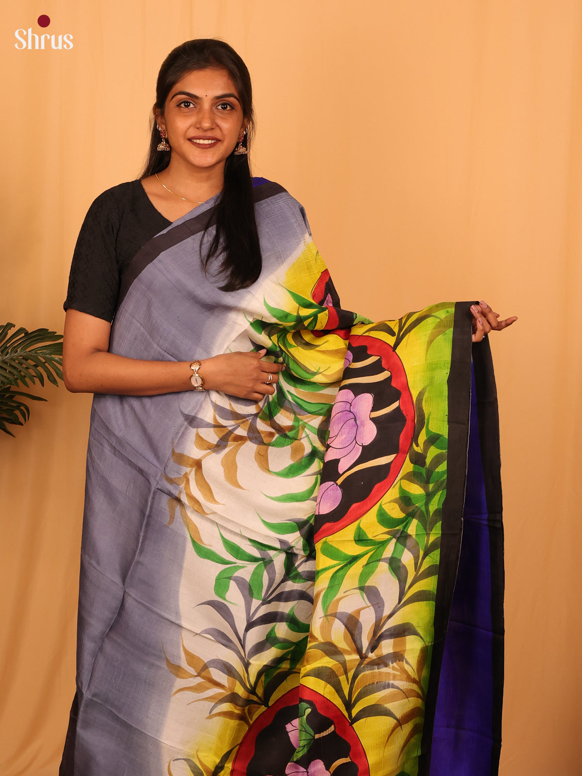 Grey & Blue- Murshidabad Silk Saree - Shop on Shrus.com