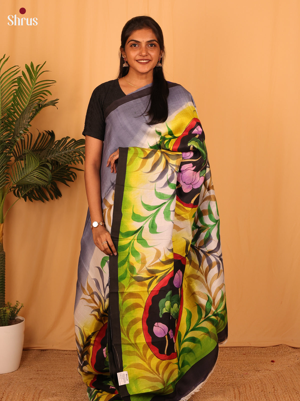 Grey & Blue- Murshidabad Silk Saree - Shop on Shrus.com