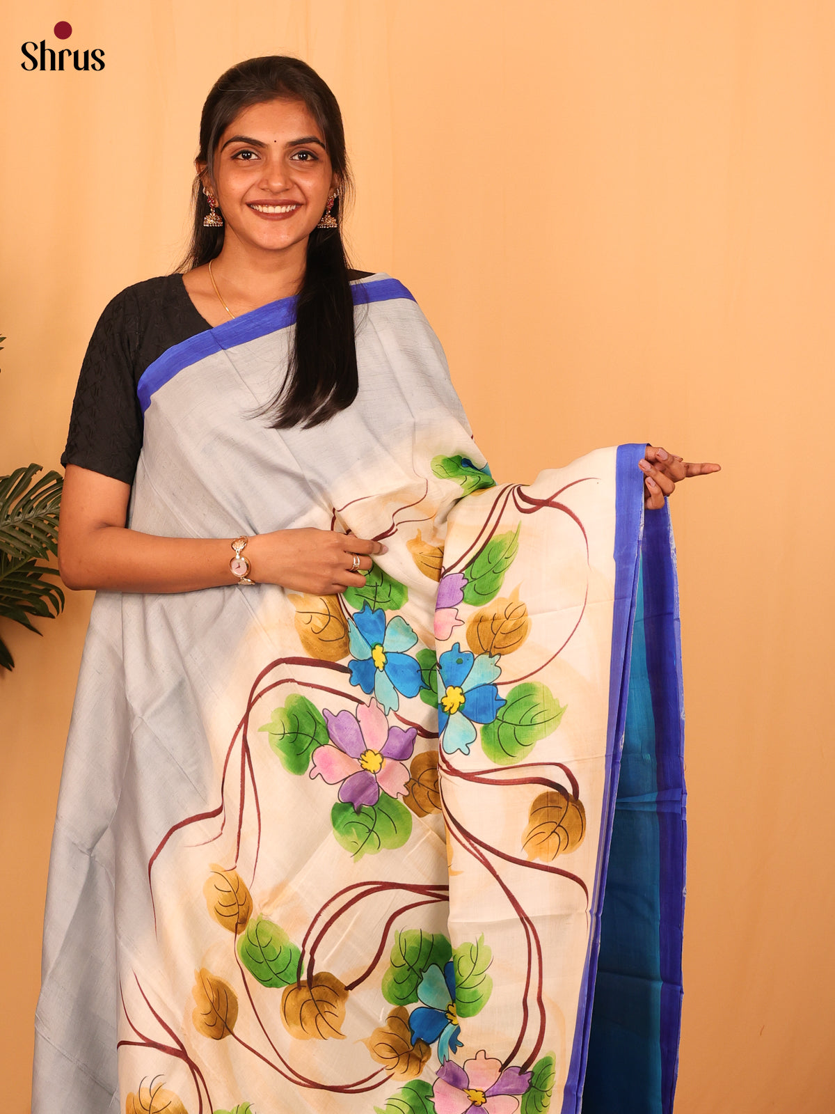 Half White & Blue - Murshidabad Silk Saree - Shop on Shrus.com