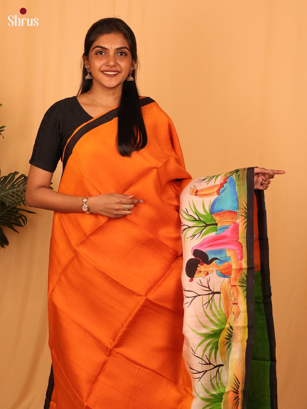 Orange & Green - Murshidabad Silk Saree - Shop on Shrus.com