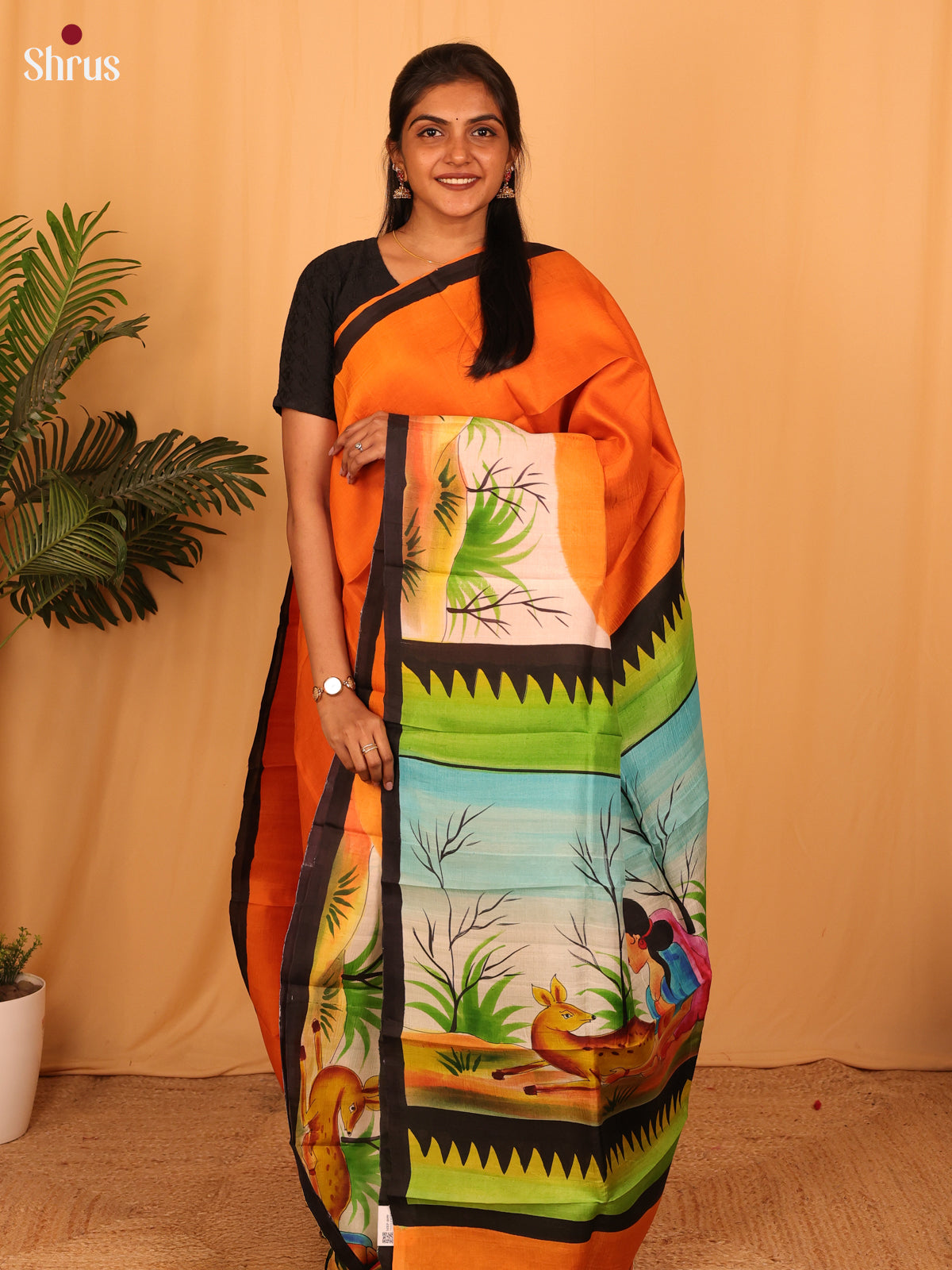 Orange & Green - Murshidabad Silk Saree - Shop on Shrus.com