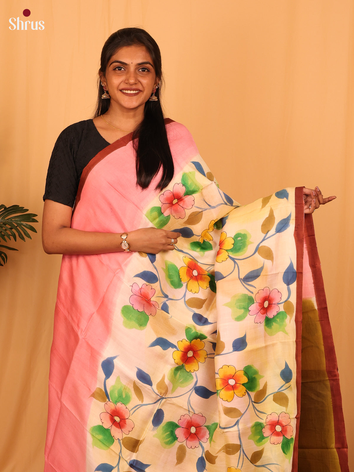 Pink & Mustard - Murshidabad Silk Saree - Shop on Shrus.com