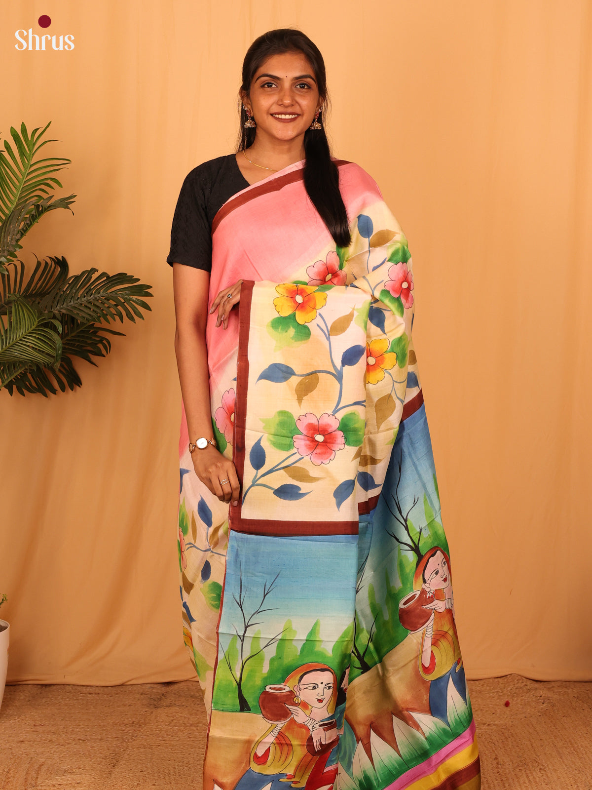 Pink & Mustard - Murshidabad Silk Saree - Shop on Shrus.com