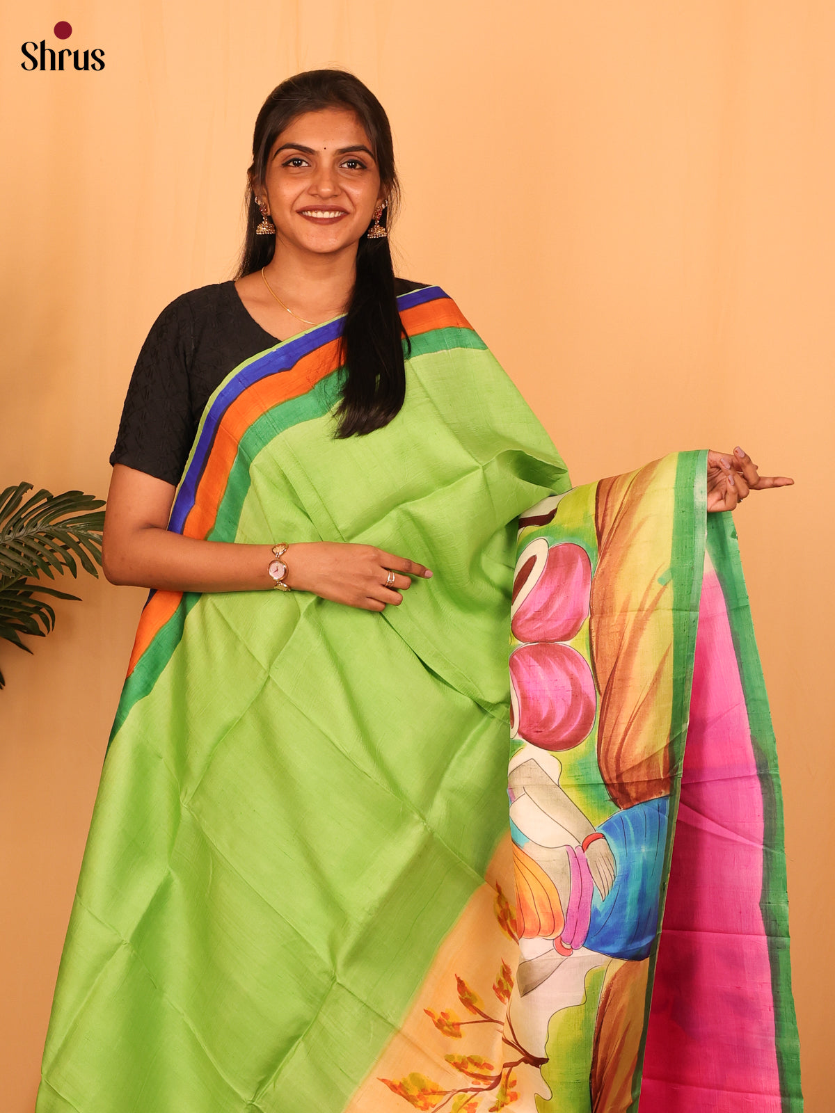 Pista Green & Pink - Murshidabad Silk Saree-1