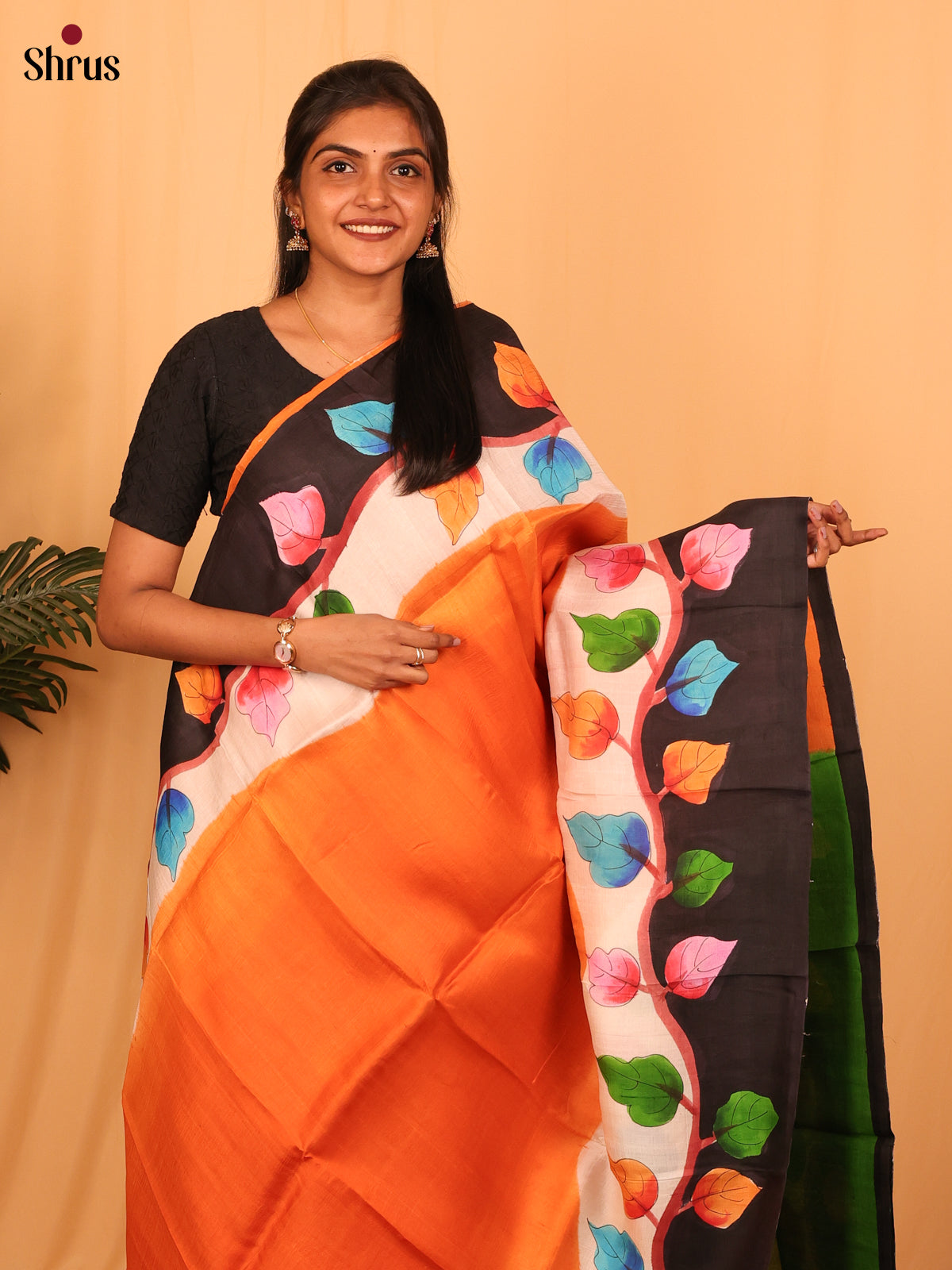 Orange & Green - Murshidabad Silk Saree-1