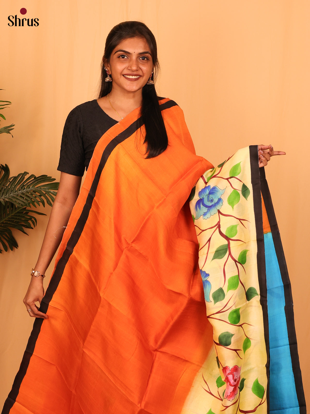 Orange & Blue - Murshidabad Silk Saree-1