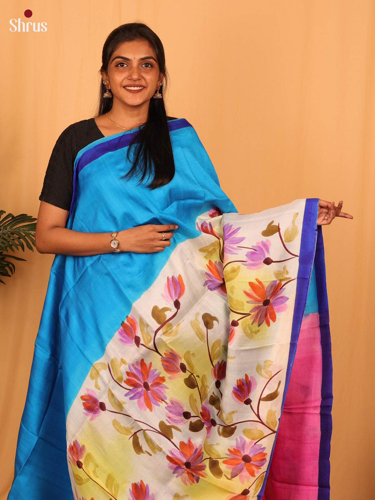 Blue & Pink - Murshidabad Silk Saree-1