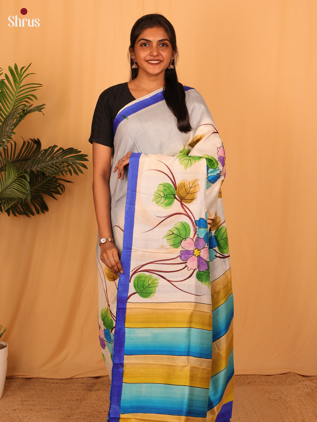 Stylish Cream & Blue - Murshidabad Silk Saree