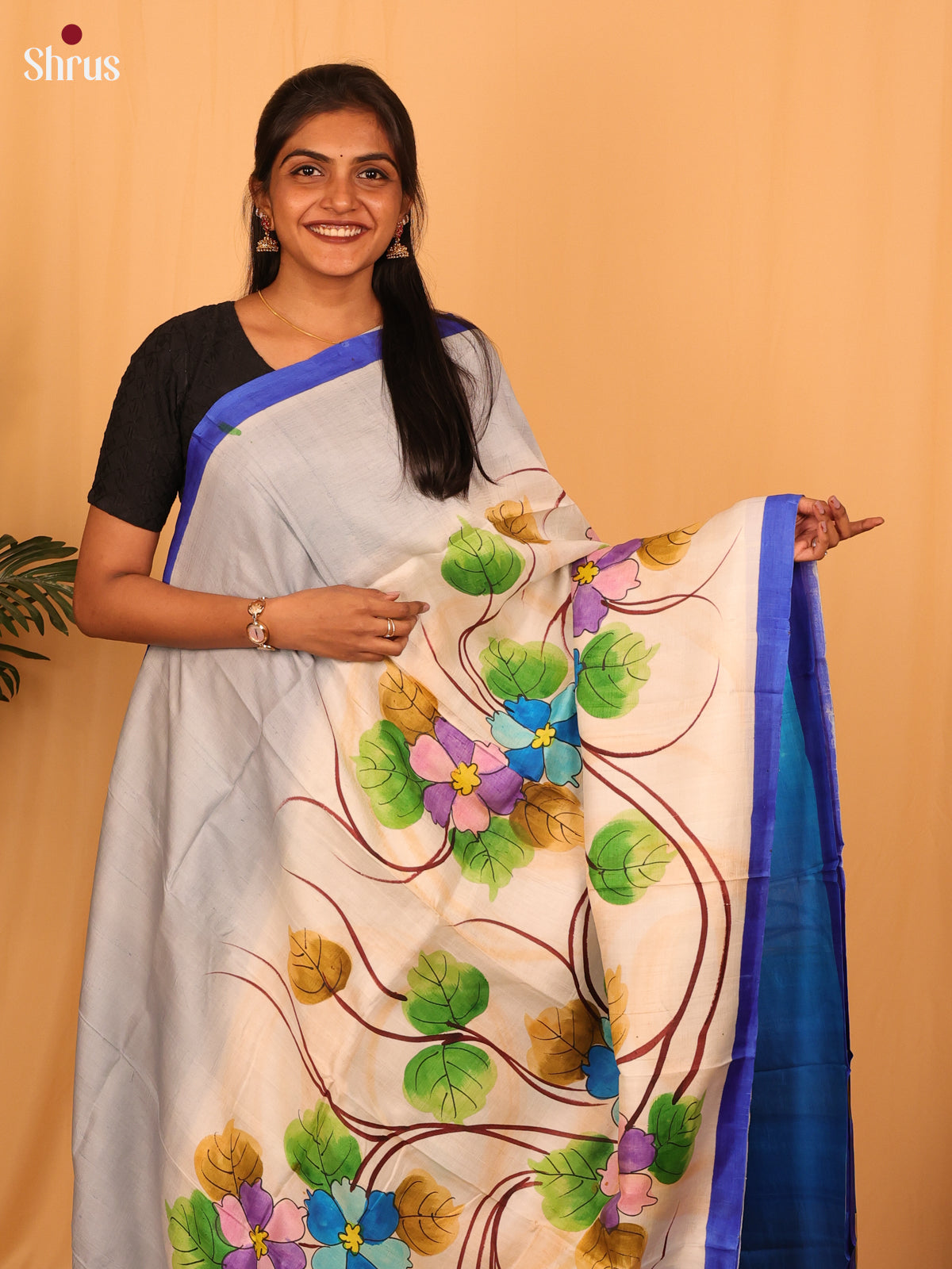 Stylish Cream & Blue - Murshidabad Silk Saree -1