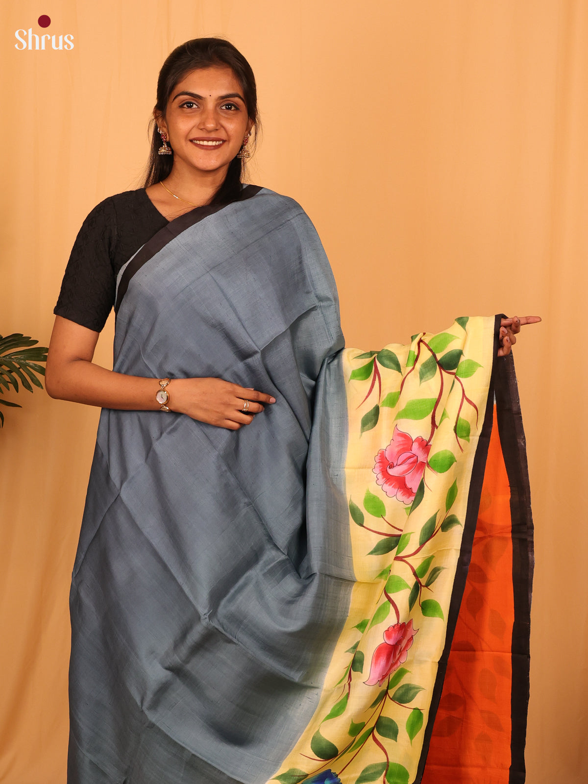 Grey & Orange - Murshidabad Silk Saree - Shop on Shrus.com