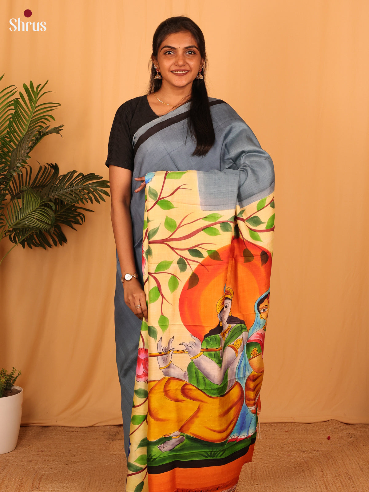 Grey & Orange - Murshidabad Silk Saree - Shop on Shrus.com