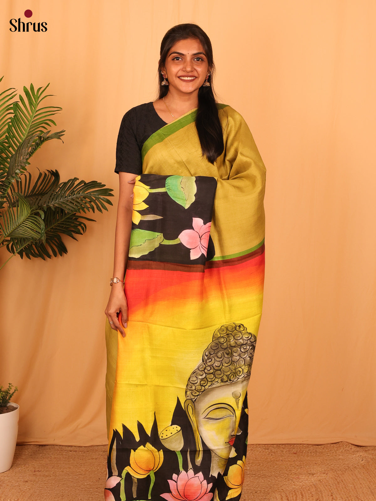 Mustardy Green & Black - Murshidabad Silk Saree