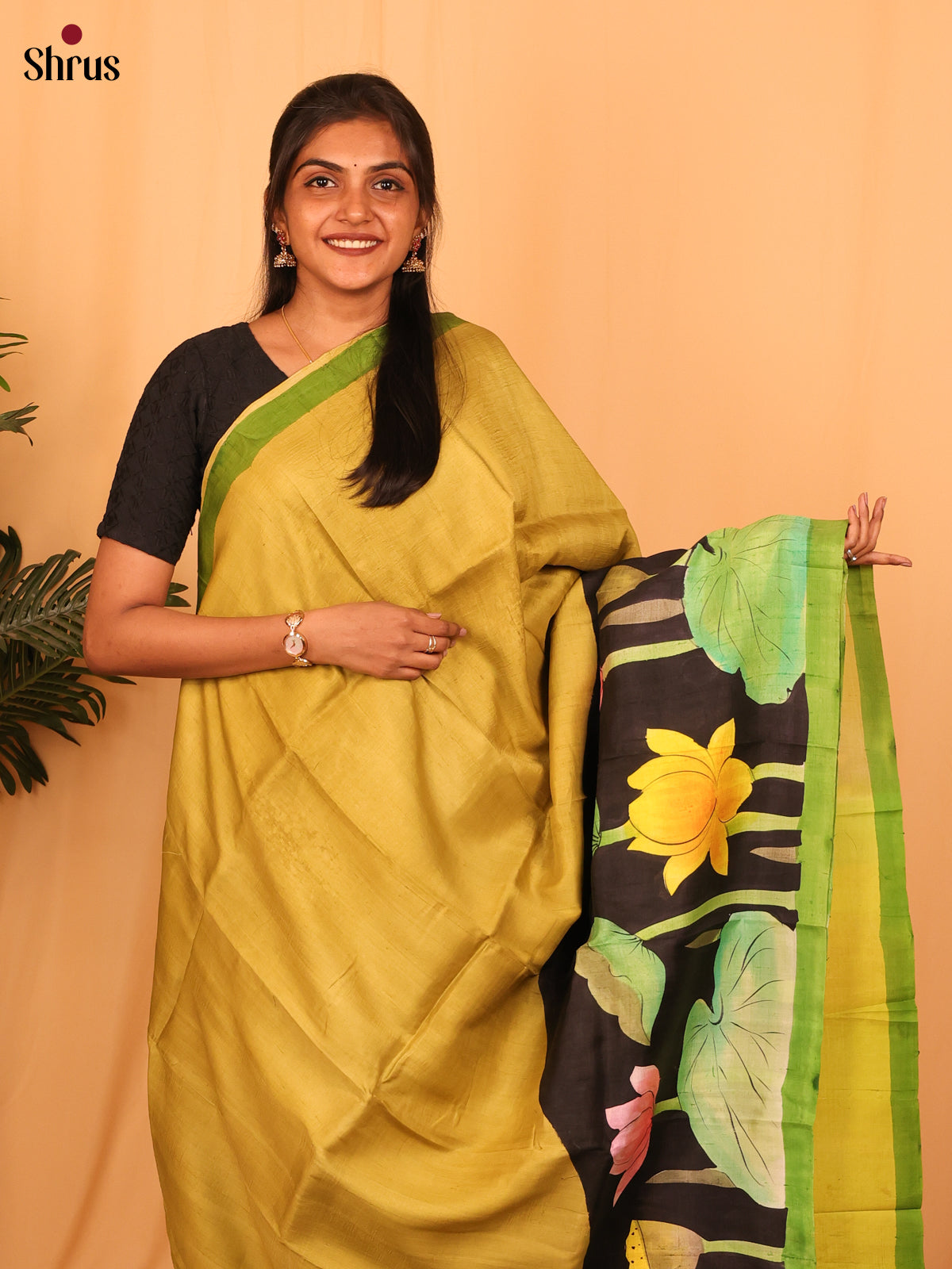 Mustardy Green & Black - Murshidabad Silk Saree-1