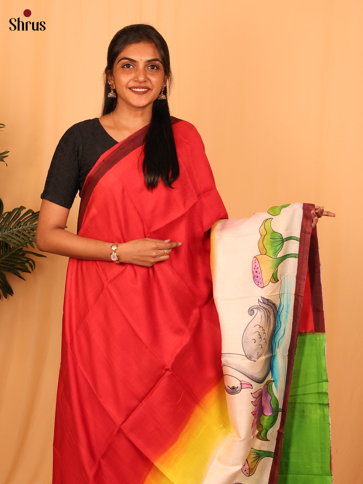 Red & Green- Murshidabad Silk Saree - Shop on Shrus.com