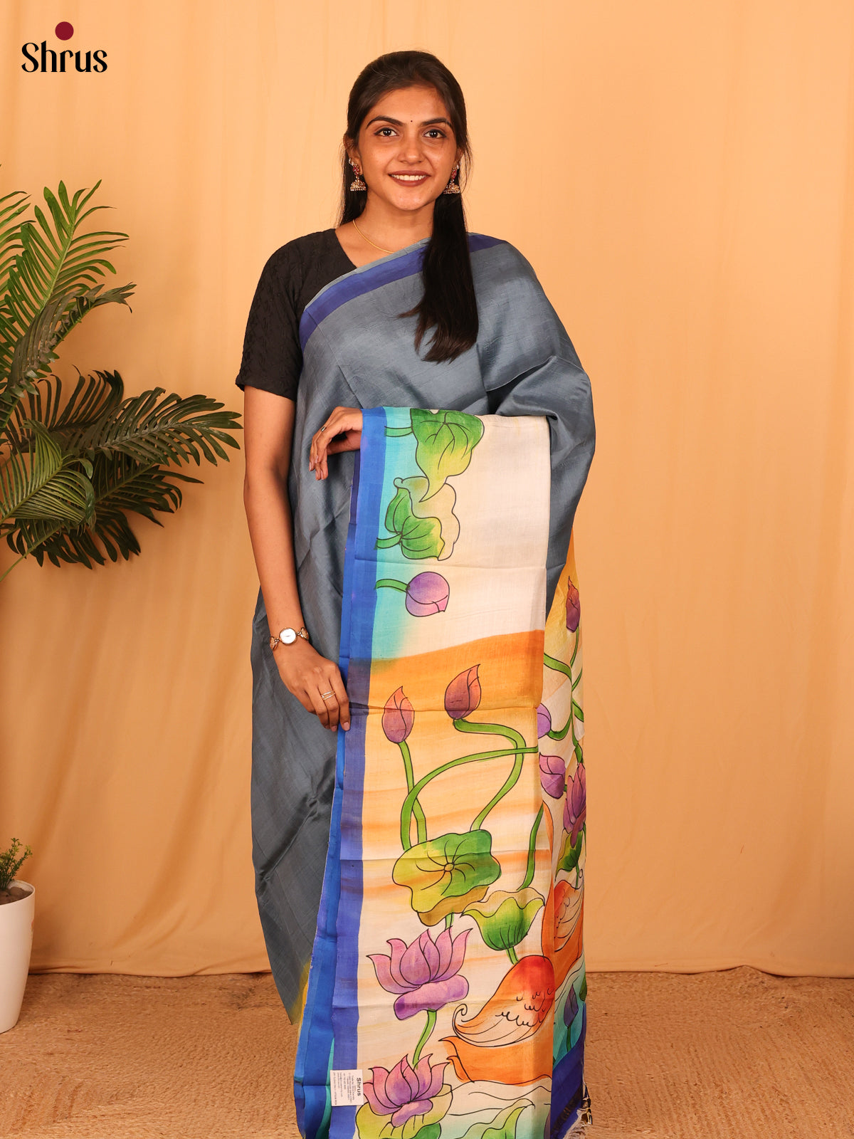 Grey & Beige - Murshidabad Silk Saree - Shop on Shrus.com