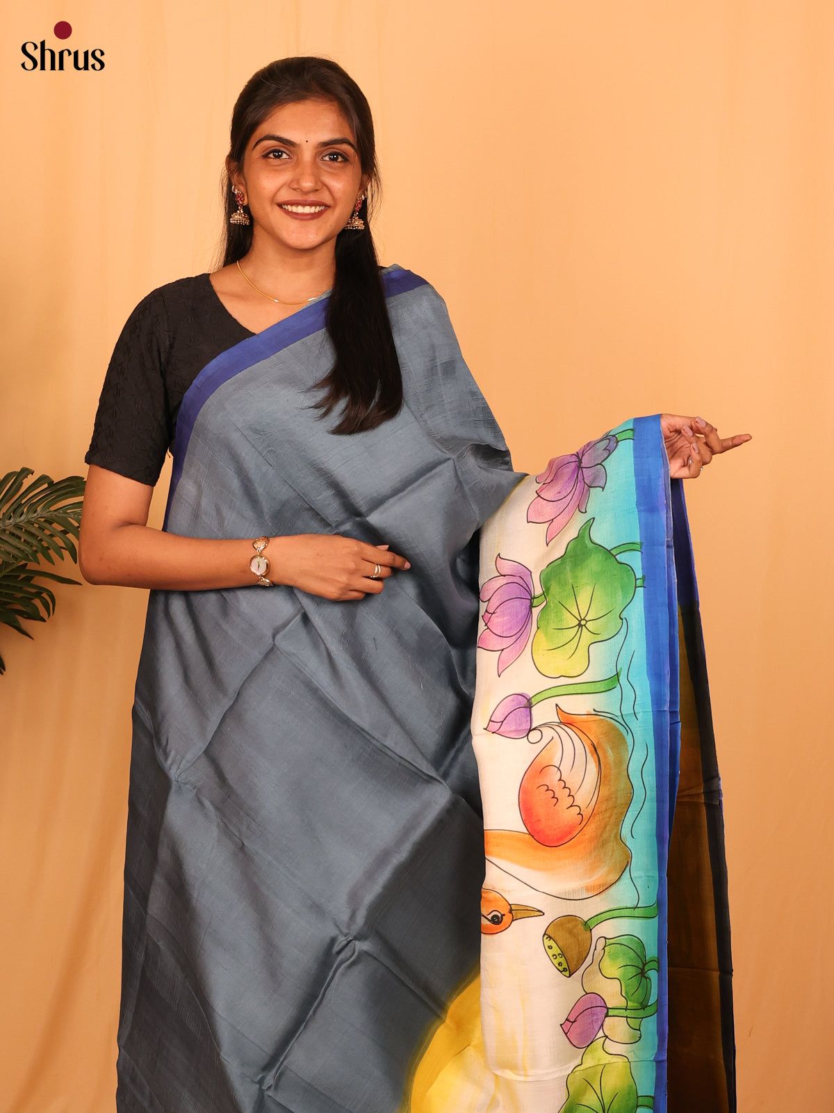 Grey & Beige - Murshidabad Silk Saree - Shop on Shrus.com
