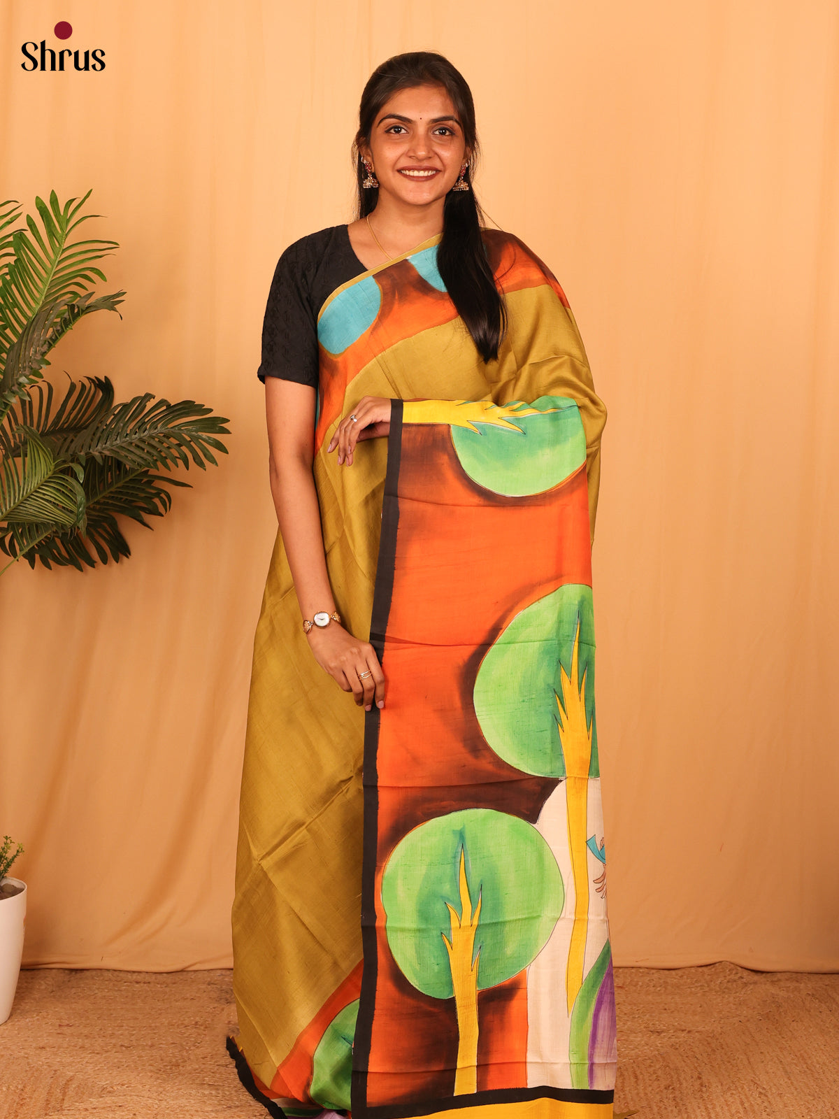 Beige & Yellow - Murshidabad Silk Saree - Shop on Shrus.com