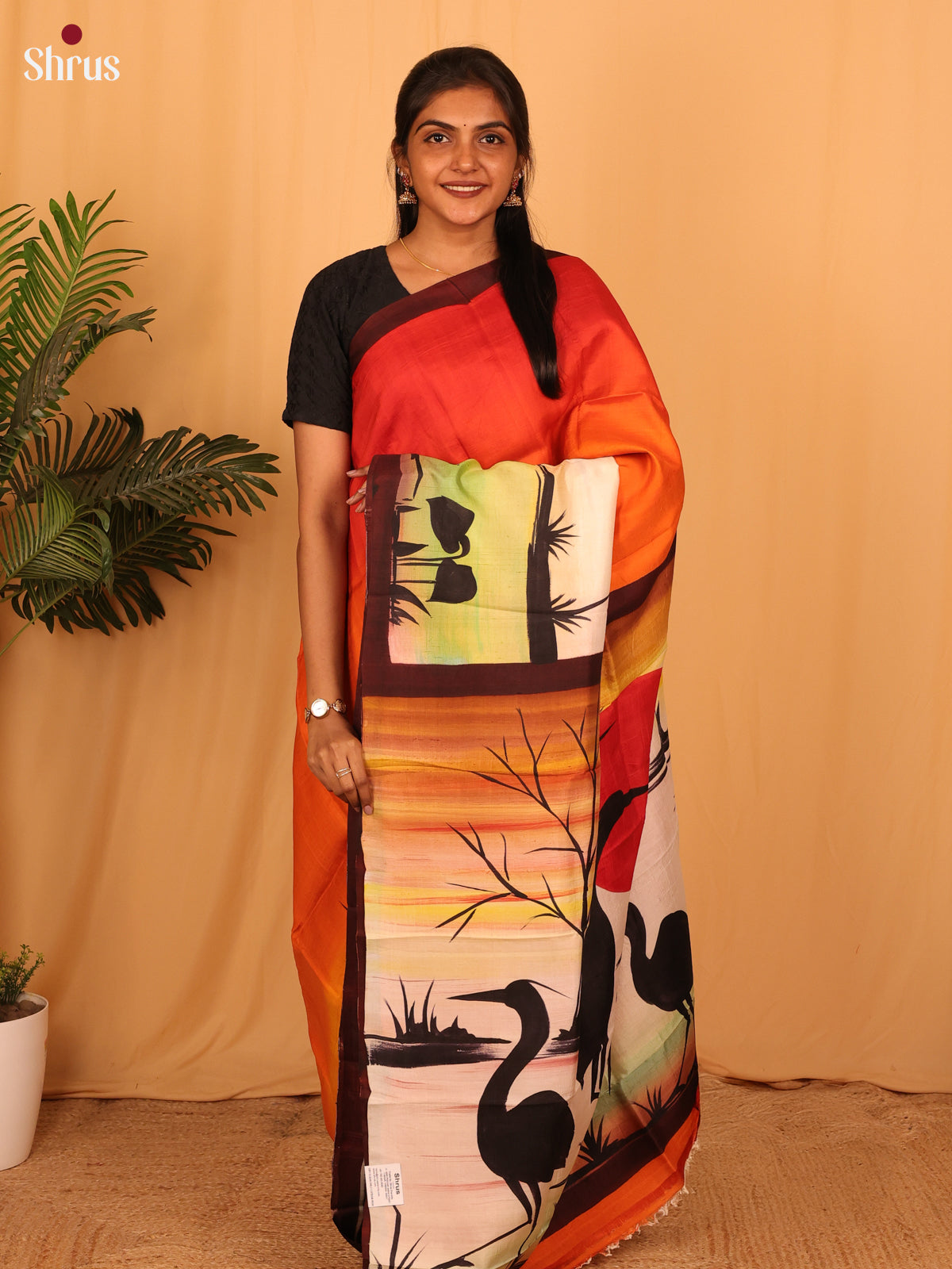 Red & Orange - Murshidabad Silk Saree - Shop on Shrus.com