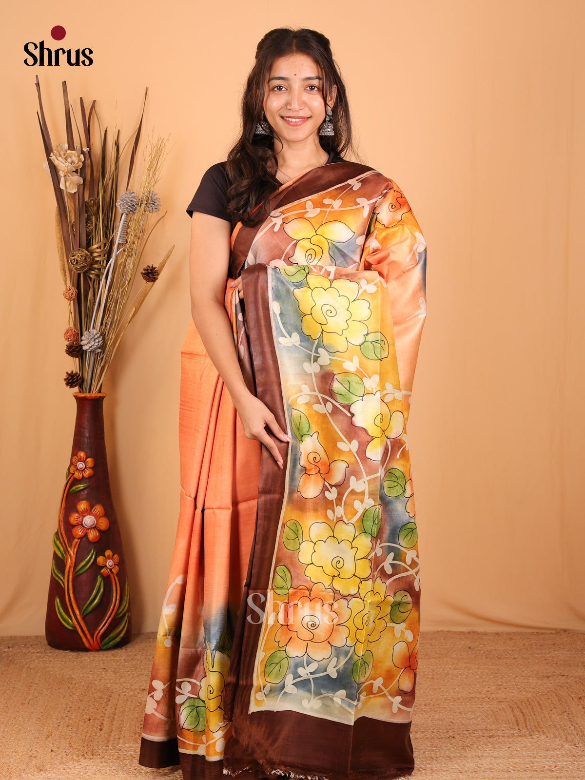 Orange & Green - Murshidabad Tussar Silk Saree - Shop on Shrus.com