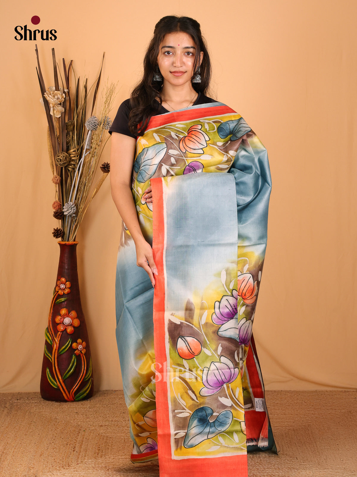 Greyish Blue & Green- Murshidabad Tussar Silk Saree - Shop on Shrus.com