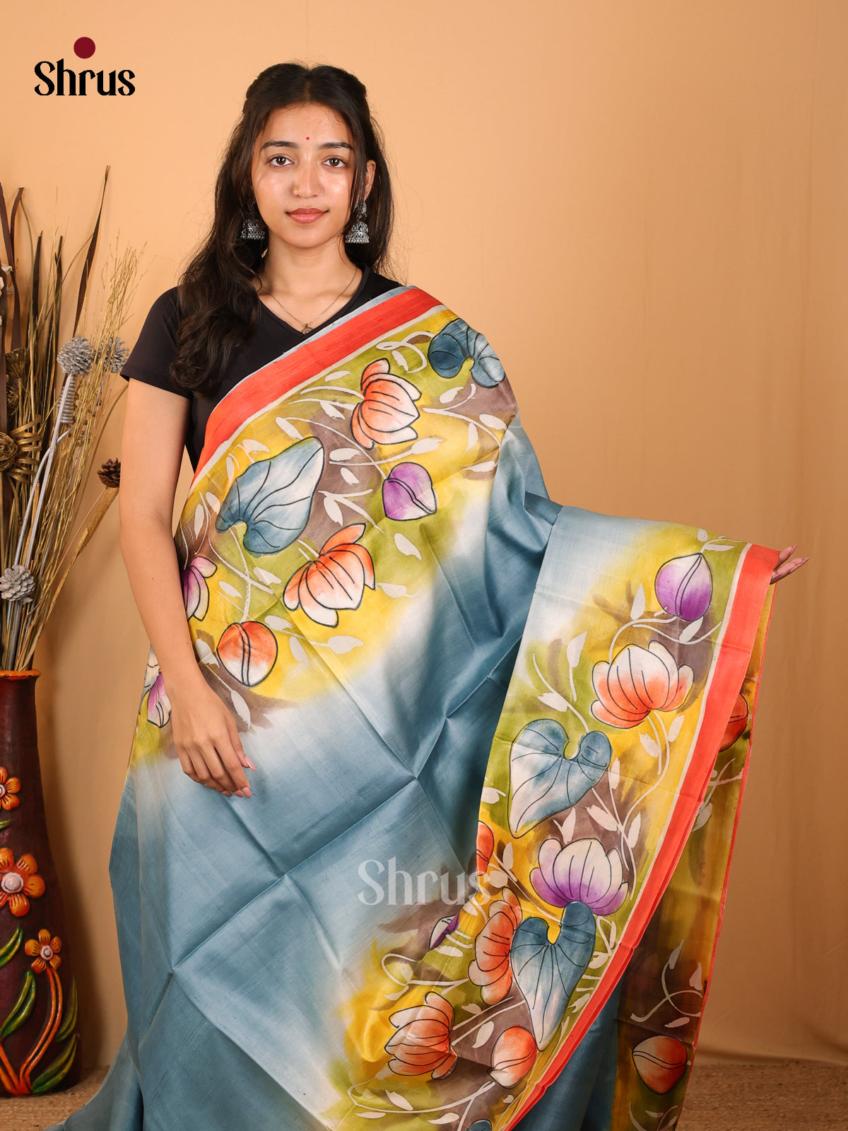 Greyish Blue & Green- Murshidabad Tussar Silk Saree - Shop on Shrus.com