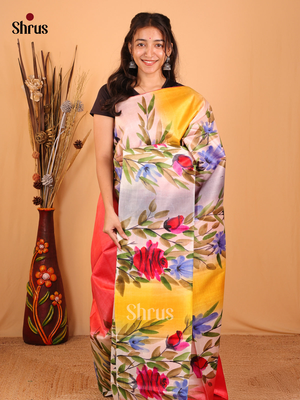 Orangish Pink & Yellow - Murshidabad Tussar Silk Saree - Shop on Shrus.com