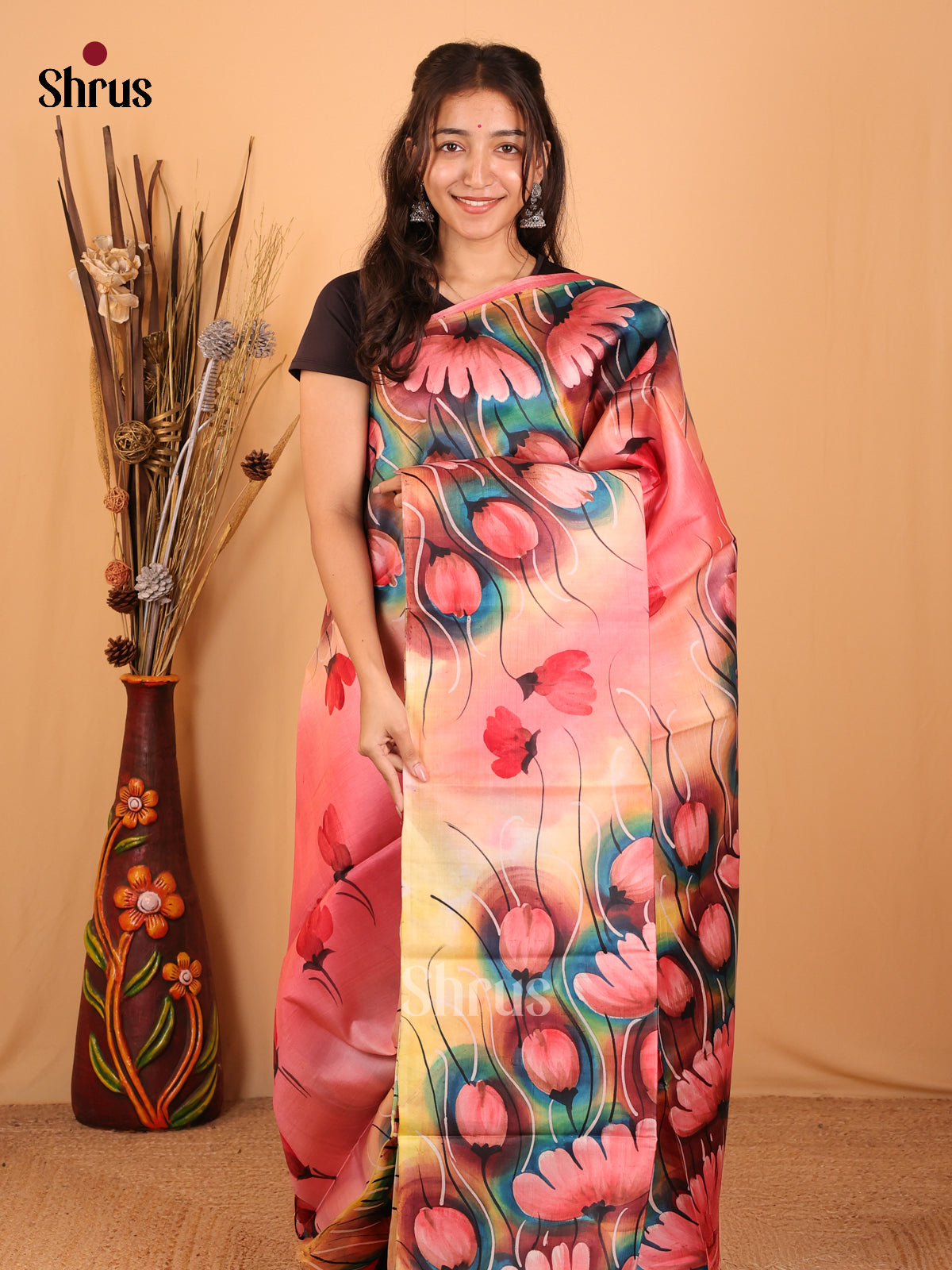 Pink - Murshidabad Tussar Silk Saree - Shop on Shrus.com