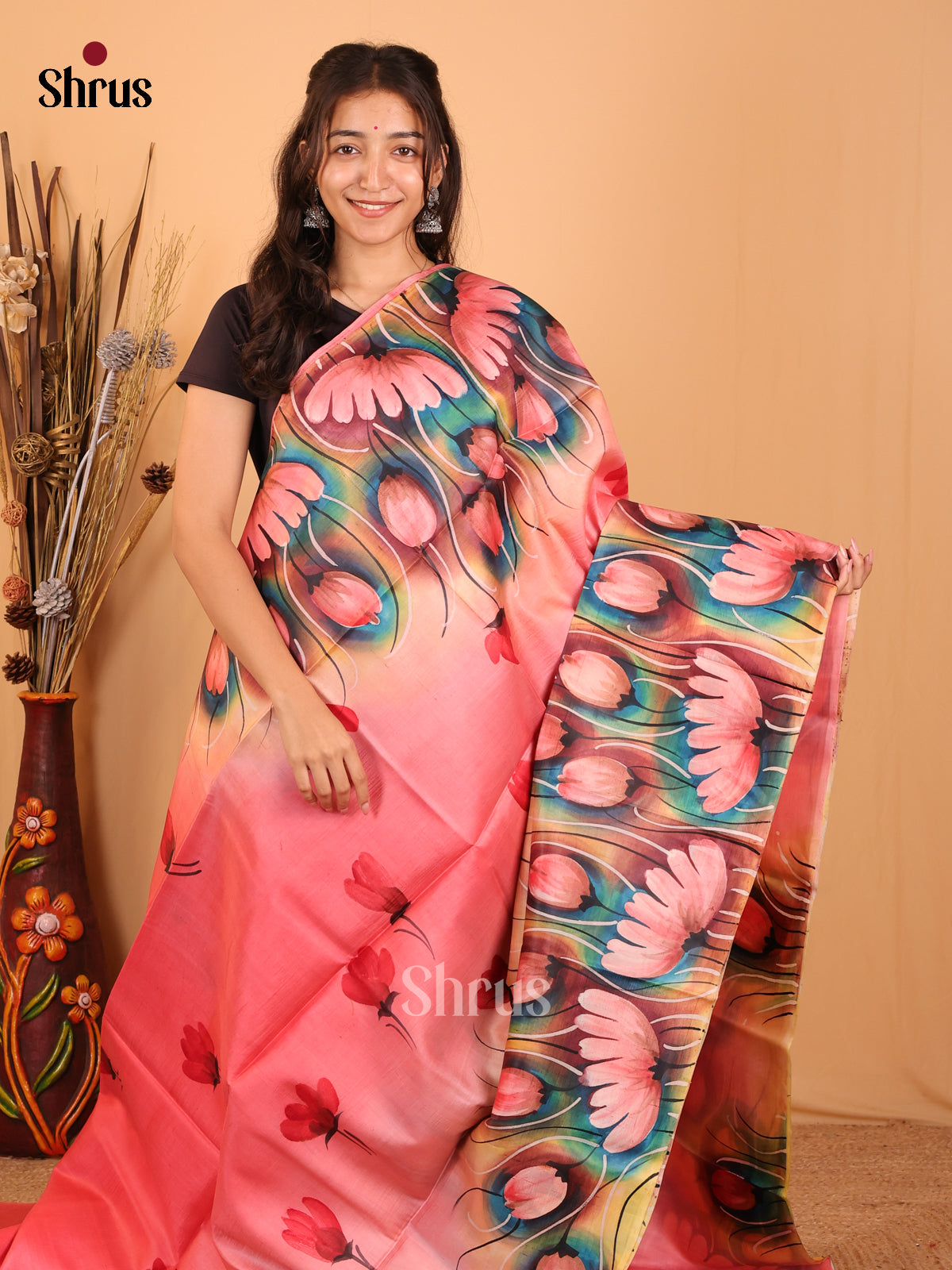 Pink - Murshidabad Tussar Silk Saree - Shop on Shrus.com