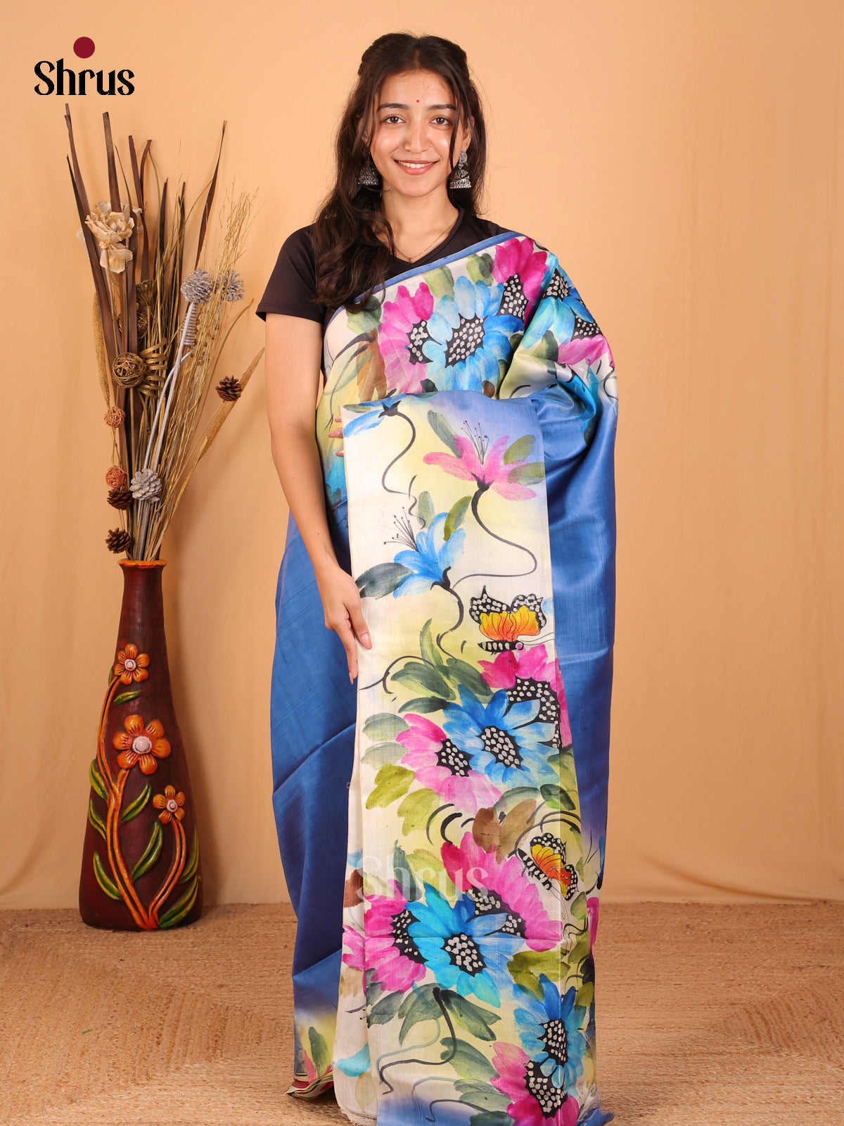 Blue & Cream - Murshidabad Silk Saree - Shop on Shrus.com