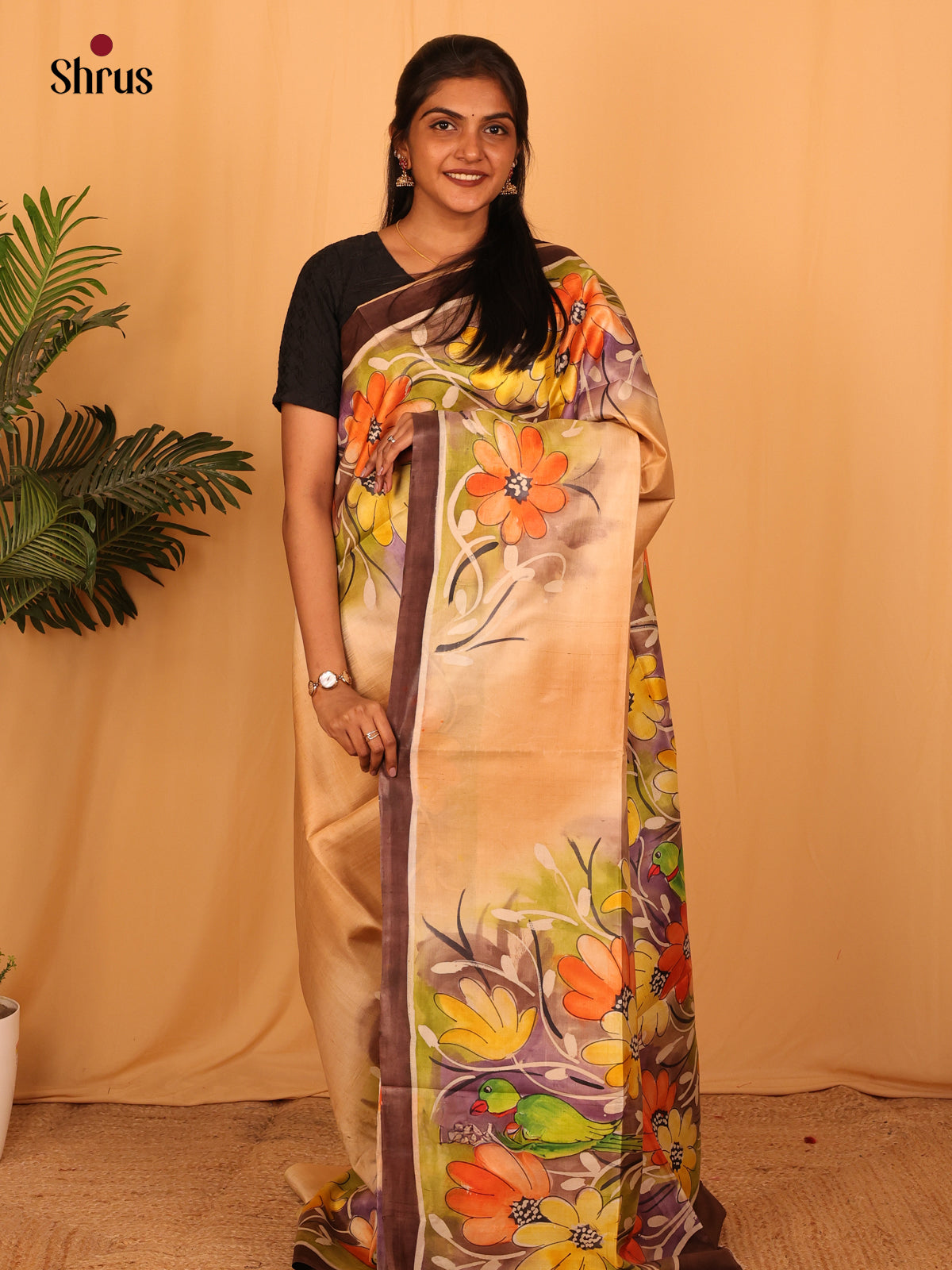 Lite Brown & Purple - Murshidabad Silk Saree - Shop on Shrus.com
